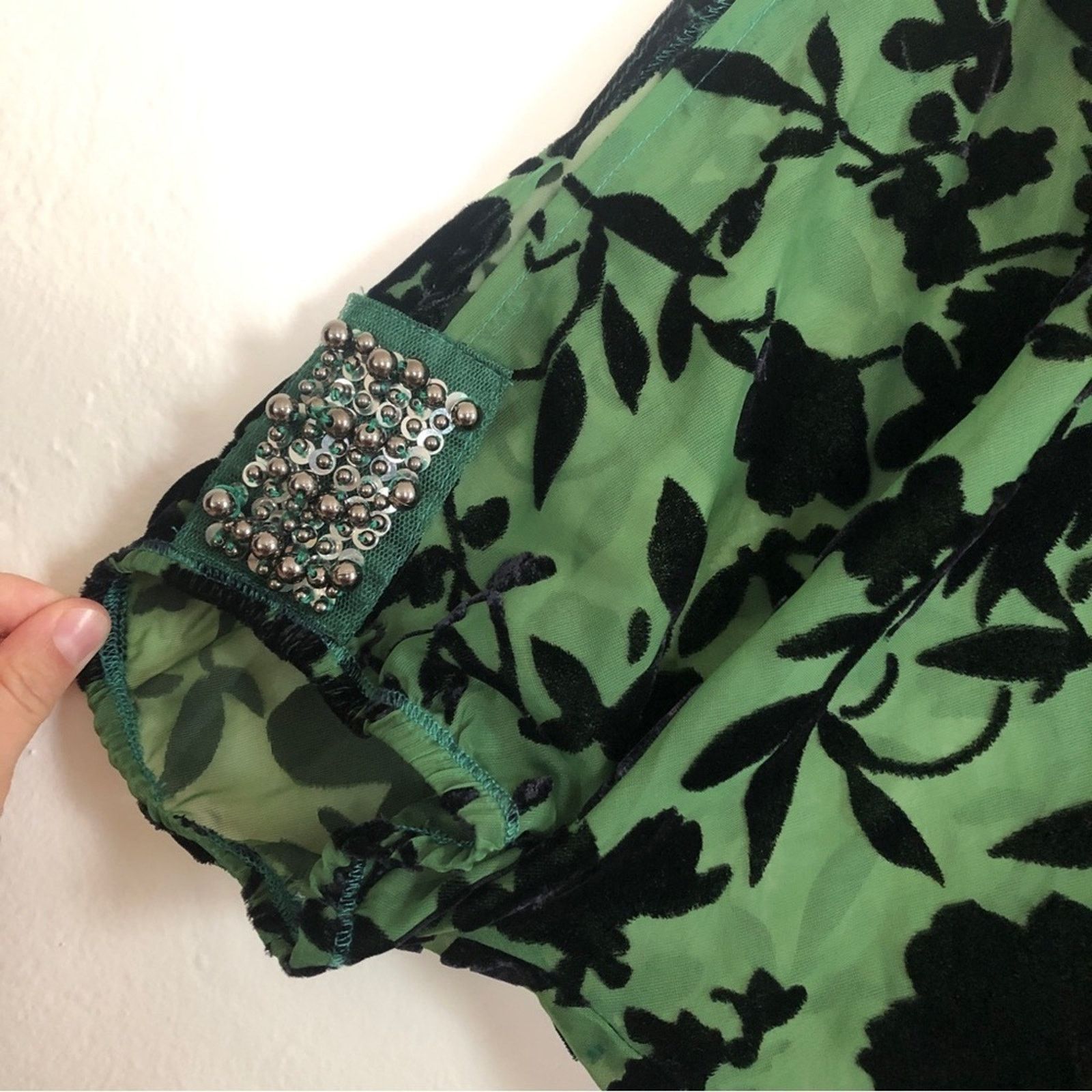 Other Awake Couture Green Black Velvet Velour Floral Blouse Top Size L / US 10 / IT 46 - 3 Thumbnail