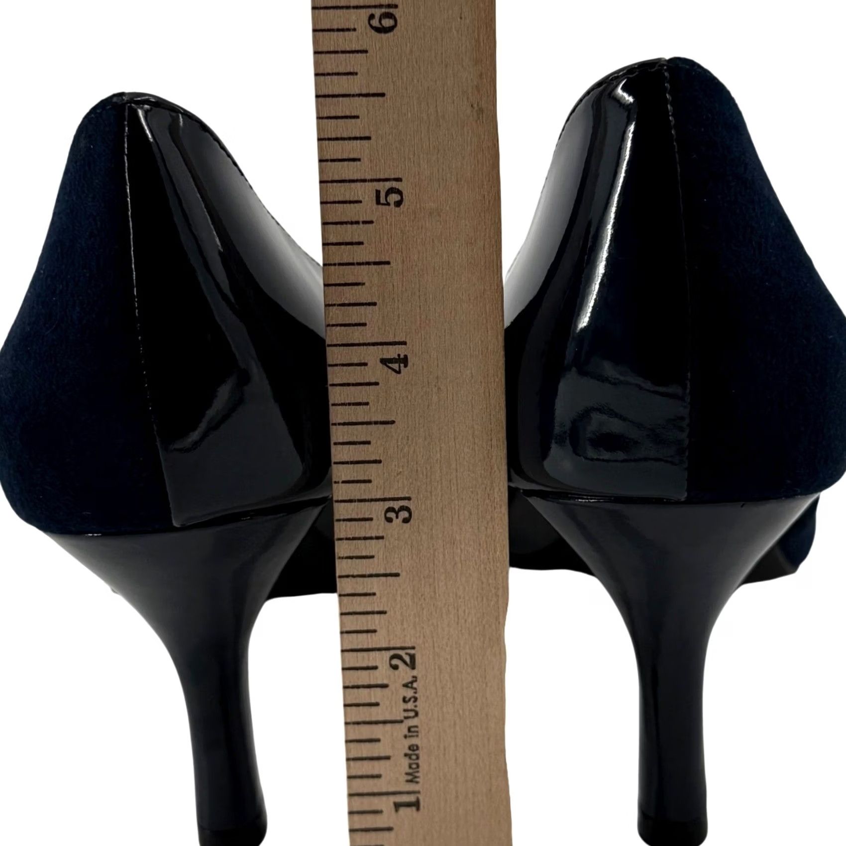 Vintage Fioni Pointed Toe Pump Navy Blue 7W Wide Kitten Heel Patent Suede Mixed Media Office Formal Women Shoes Size US 7 / IT 37 - 6 Thumbnail