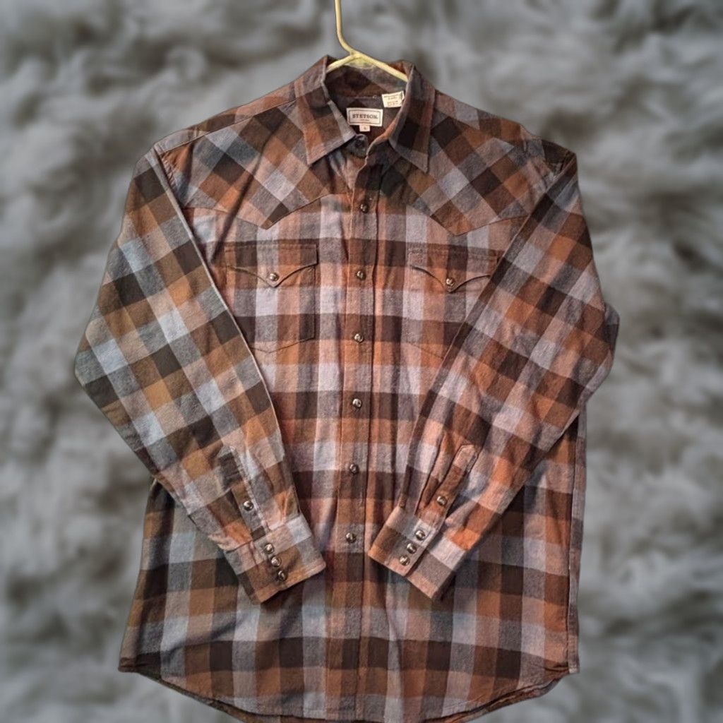 Stetson Stetson Shirt Plaid Flannel Western Brown Blue Pearl Snap Large L Long Sleeve Regular Mens Fall Double Flap Size US L / EU 52-54 / 3 - 1 Thumbnail