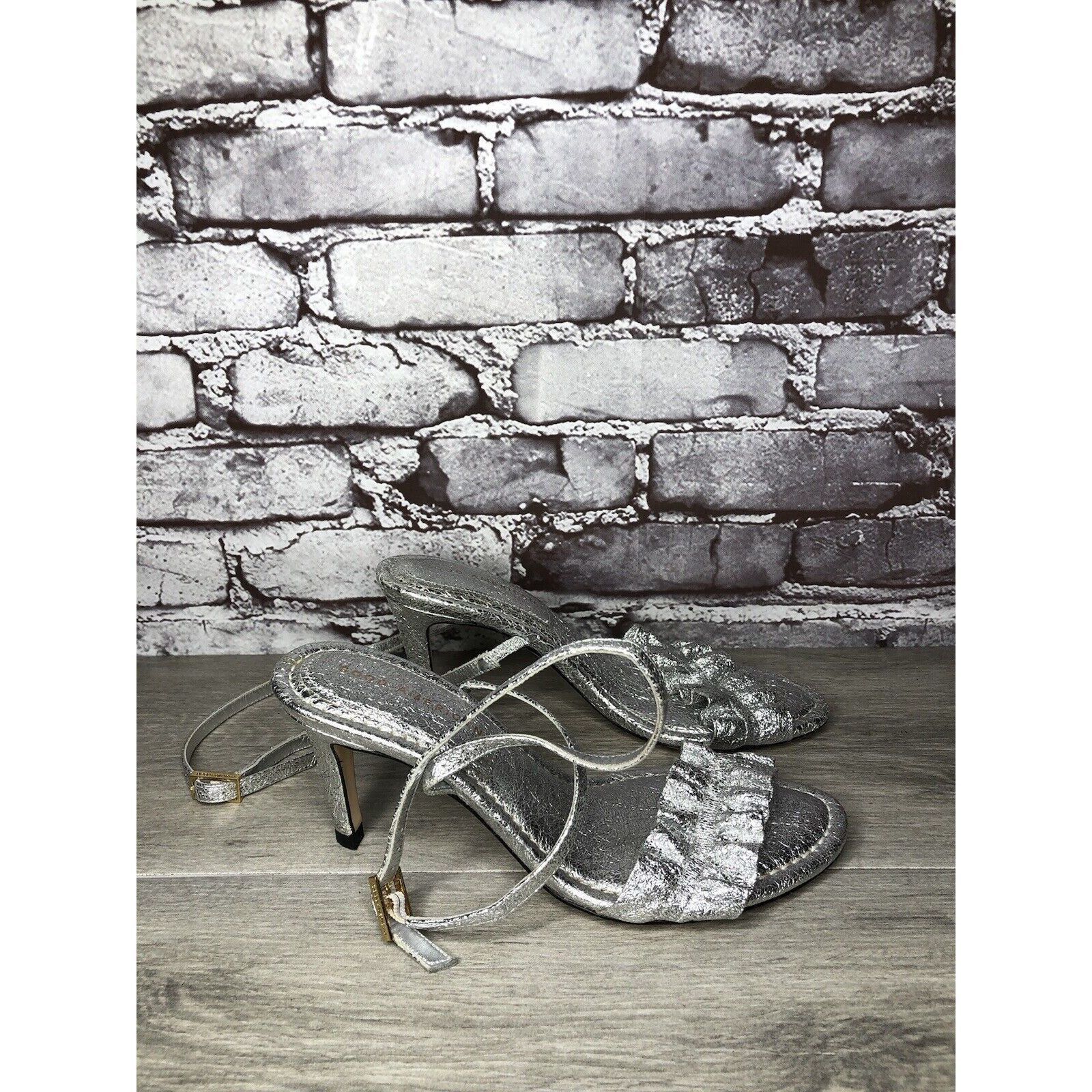 Other GOOD AMERICAN Metallic Silver Leather Strap Heeled Sandals W Size US 7 / IT 37 - 21 Thumbnail