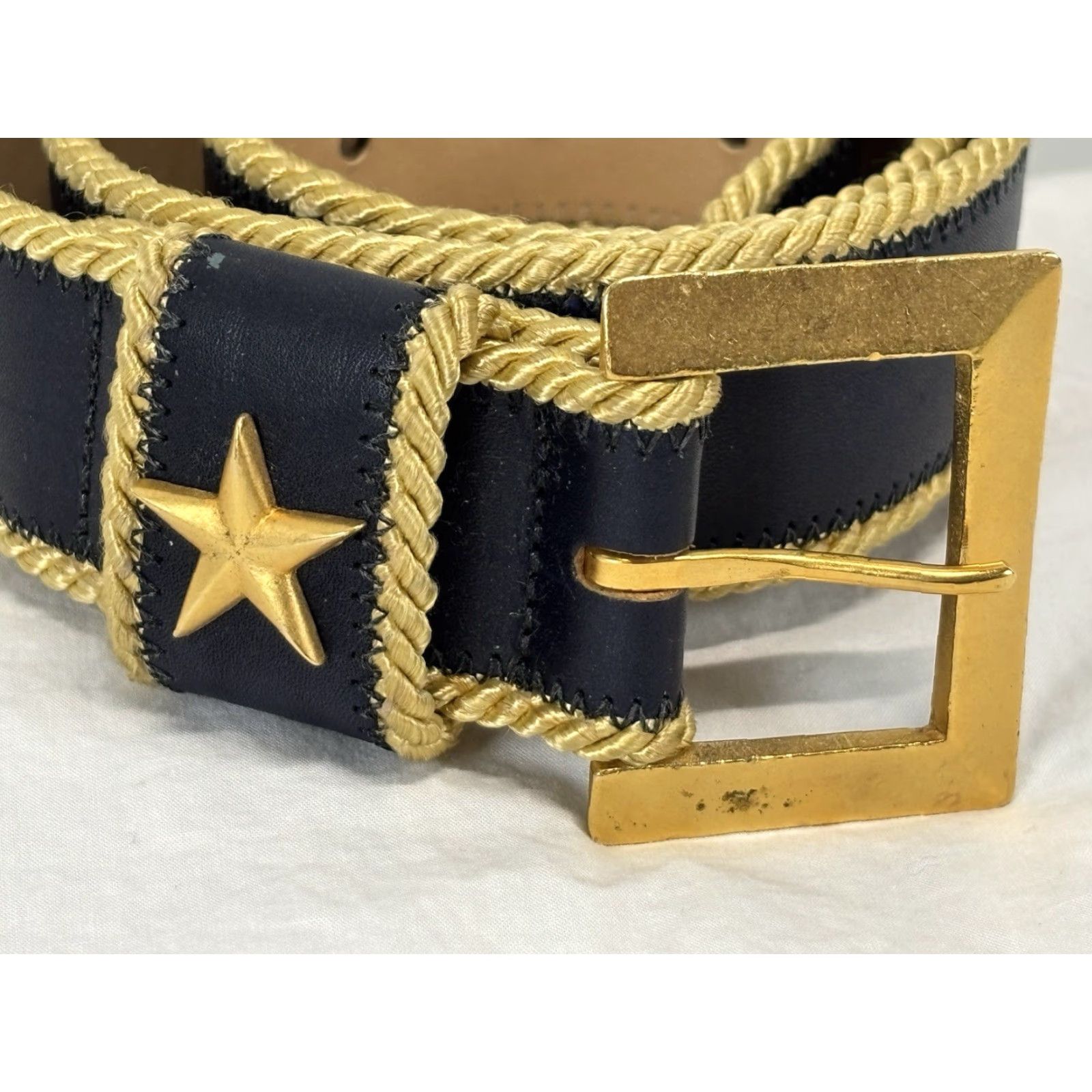 Vintage VINTAGE Joan & David Too Belt Navy Calfskin Leather Regular M 1.5” Gold Cord Trim Military 80s Womens Blue Size ONE SIZE - 2 Thumbnail