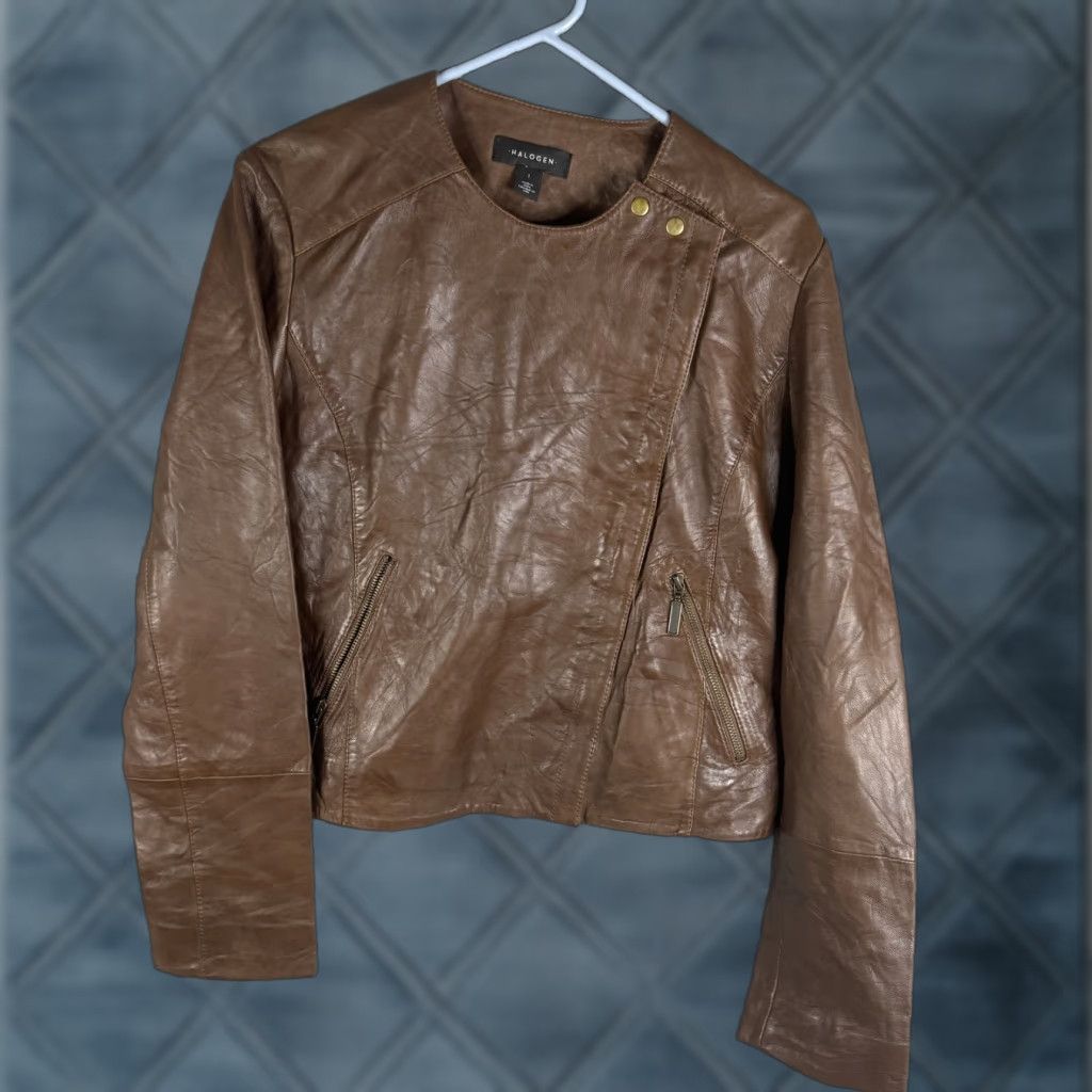Vintage Halogen Leather Jacket Womens L Brown Moto Asymmetrical Zip Pockets Lined Jacket Size L / US 10 / IT 46 - 1 Thumbnail