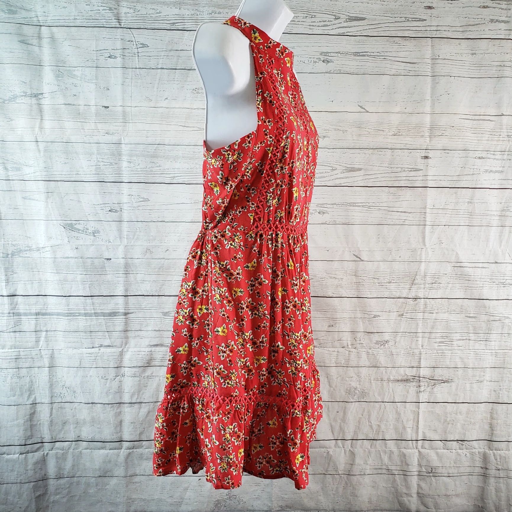 Vintage VINTAGE Sunday Mi Amor Womens Halter Dress Sz Medium Red Yellow Floral Open Back Dress Size M / US 6-8 / IT 42-44 - 3 Thumbnail
