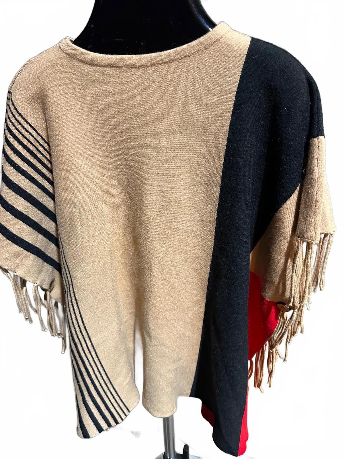 Other Vintage Graphic Poncho Southwest Boho Fringe Wool Blend 80s Size ONE SIZE - 3 Thumbnail