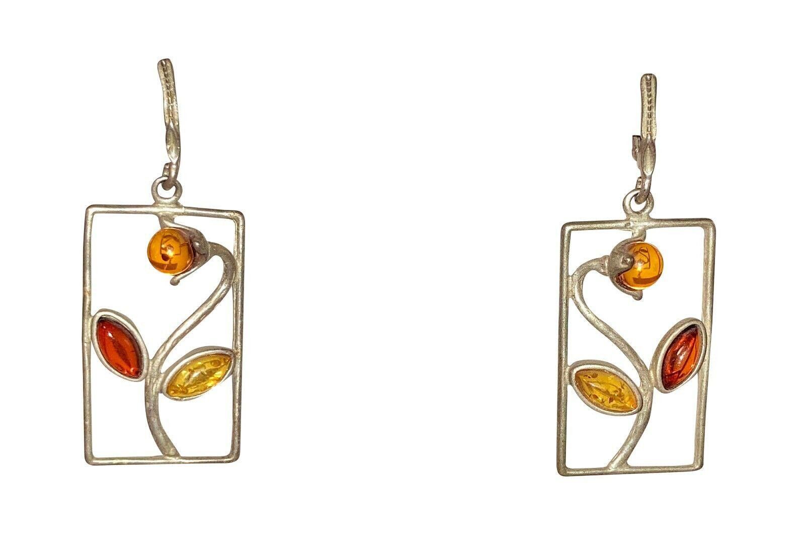 Designer Silver Rectangle Flower Baltic Yellow & Orange Amber Earring Size ONE SIZE - 1 Thumbnail