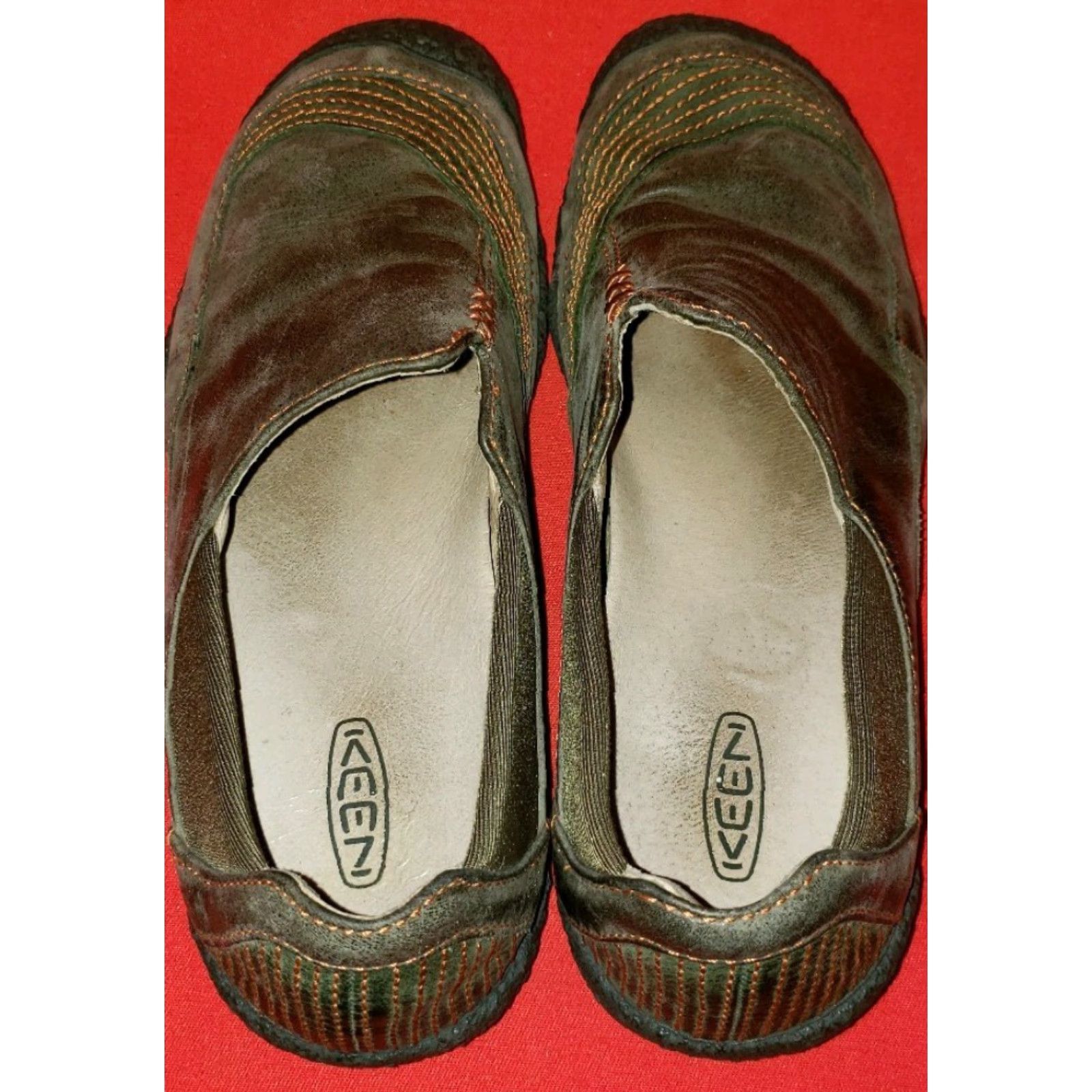 KEEN Keen Women's Loafers Slip On Flat Casual Leather Orange Stitching Olive 6.5M US 6.5 EUR 37 EU Brown/Orange? Size US 5 / IT 35 - 7 Thumbnail