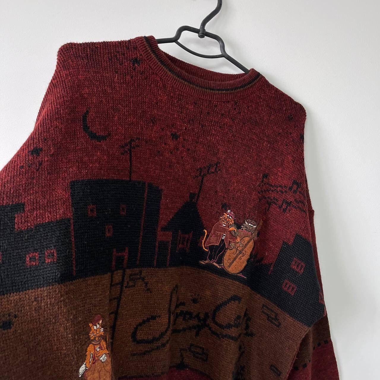 Vintage JAZZ CATS SWEATER- Vintage Novelty Pullover 80s 90s Winter Size US L / EU 52-54 / 3 - 12 Thumbnail