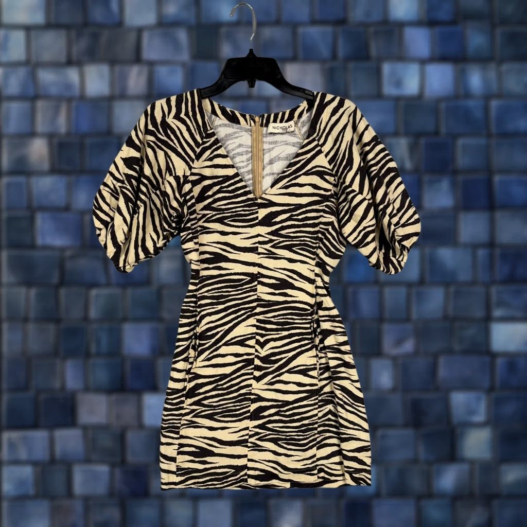 NICHOLAS VINTAGE Nicholas Dress Womens US 2 Beige Zebra Print Puff Sleeve Linen Mini Shift Shirt Girls Size XS / US 0-2 / IT 36-38 - 1 Thumbnail