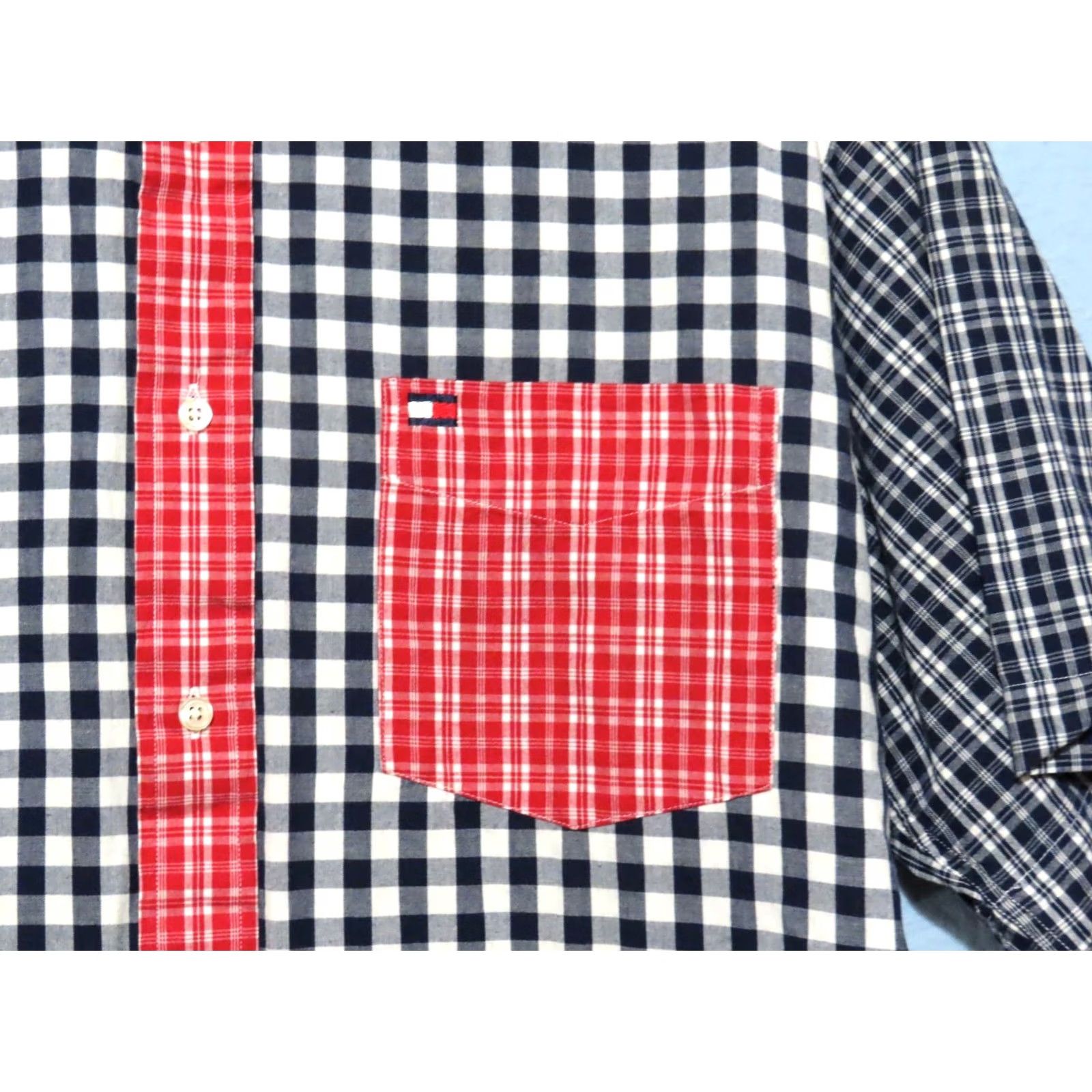Tommy Hilfiger Tommy Hilfiger Men's Short Sleeve Button-Up Patchwork Gingham Shirt Black Red 90s Multicolor Cotton Regular M Mens Size US 31 - 4 Thumbnail