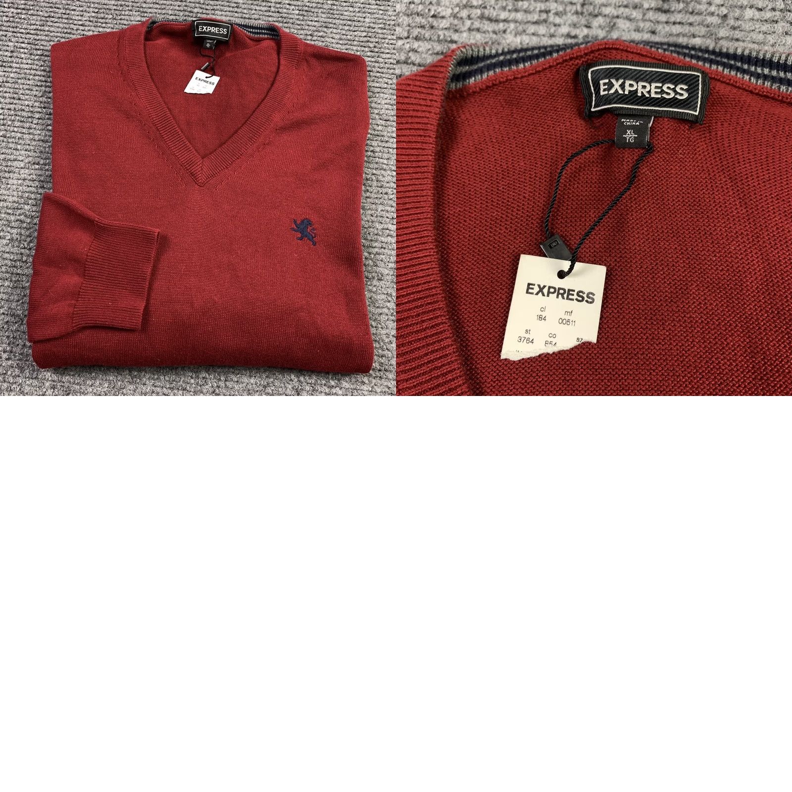 Express NWT Express Red V-Neck Knit Sweater XL Blue Embroidered Crest Logo Stylish Top Mens Pullover Knit Sweater 100% Cotton Crew Neck Zip Notions Size US XL / EU 56 / 4 - 8 Thumbnail