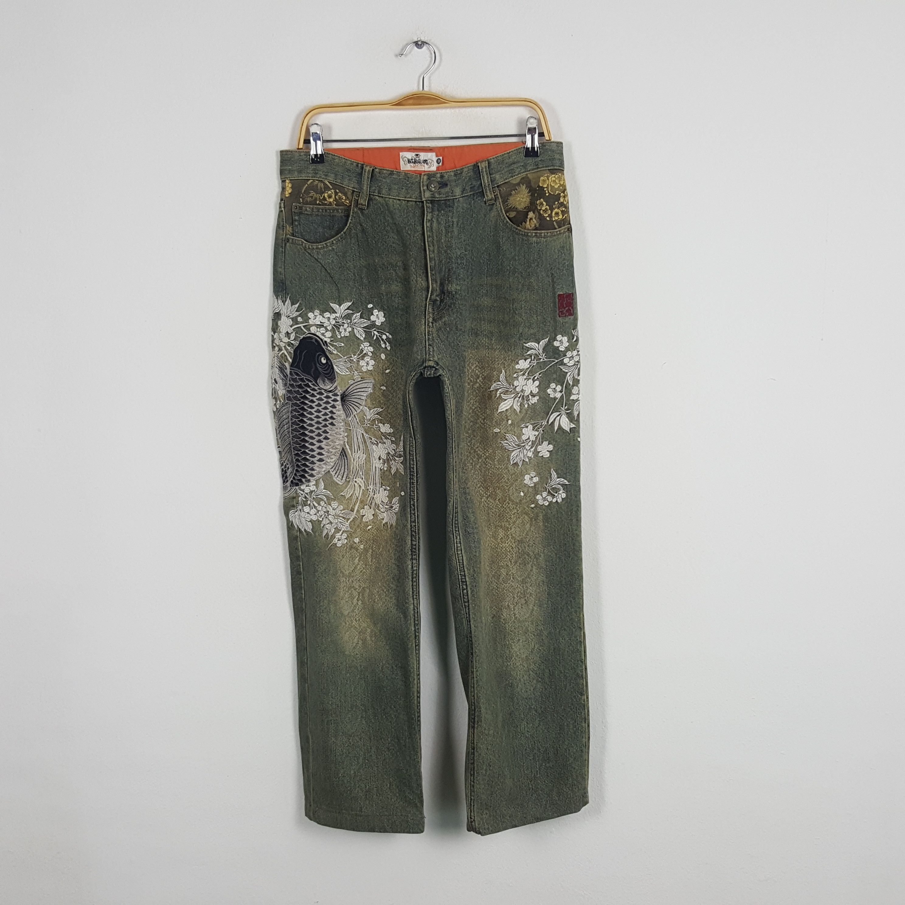 If Six Was Nine × Japanese Brand × Vintage Vintage Karakuri Tamashi Japan Koi Embroidery Art Denim Jean Size US 31 - 1 Thumbnail