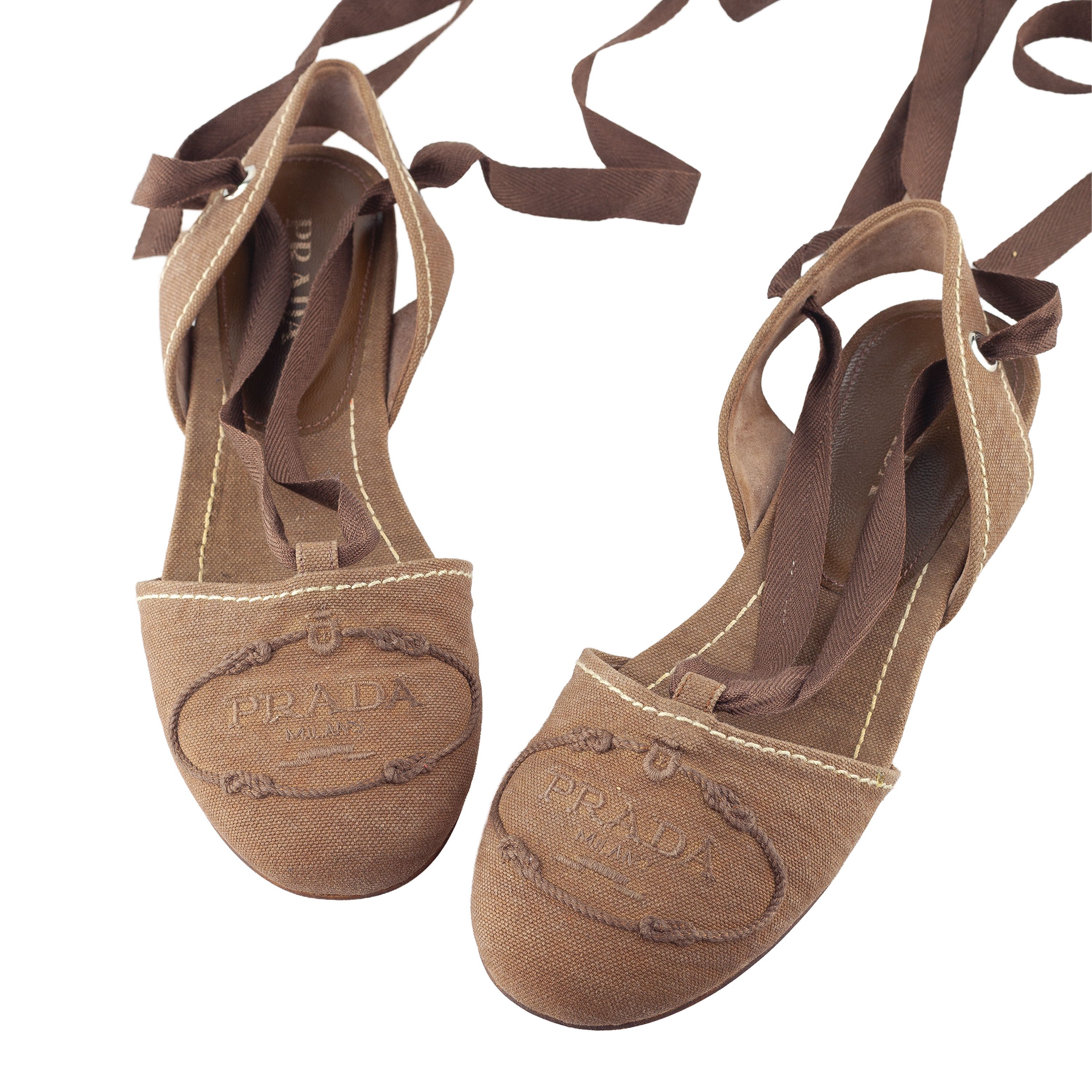Prada Prada Brown Logo Lace-Up Flat Espadrilles Size US 6.5 / IT 36.5 - 4 Thumbnail