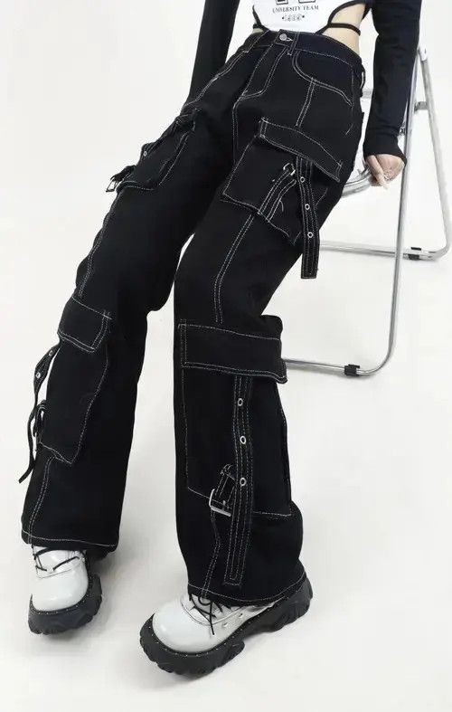 Designer Unisex Cargo Patchwork Baggy Jeans Size US 29 - 4 Thumbnail