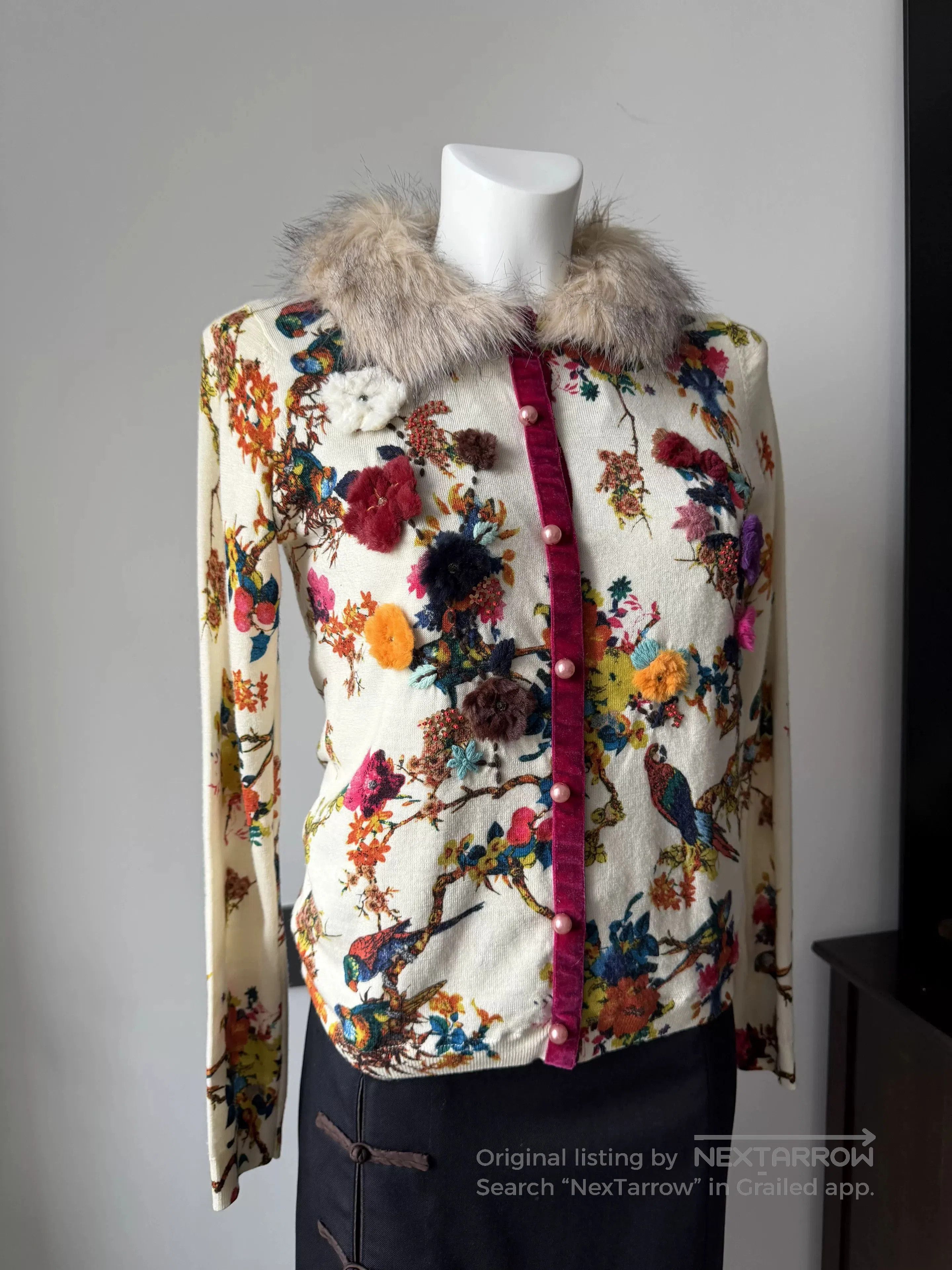 TWINSET TWINSET Floral Bird Embroidery Fur Collar Knit Jacket. Size M / US 6-8 / IT 42-44 - 3 Thumbnail