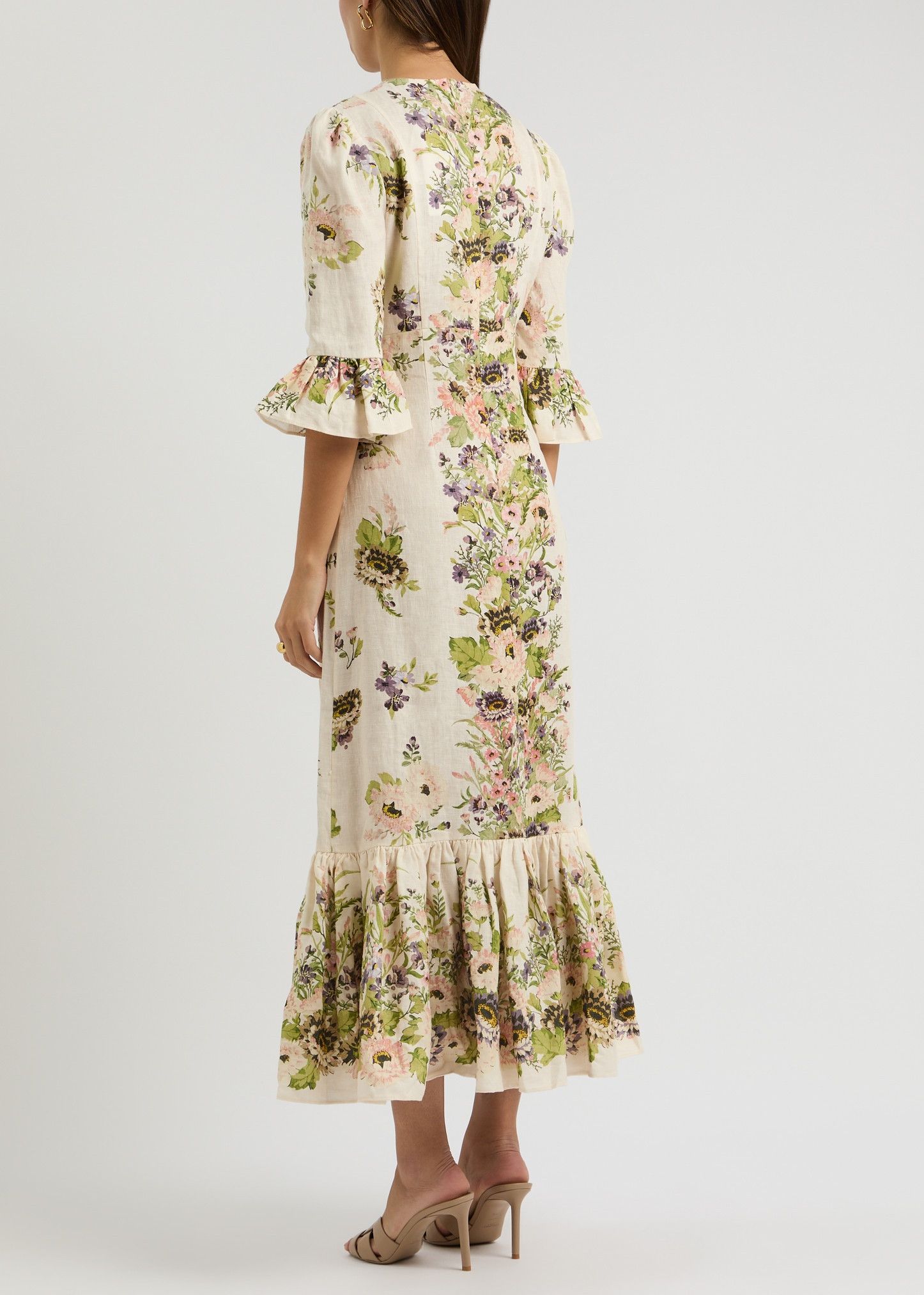oc11z0625 Halliday Frill-Sleeve Midi-Dress in Multicolor