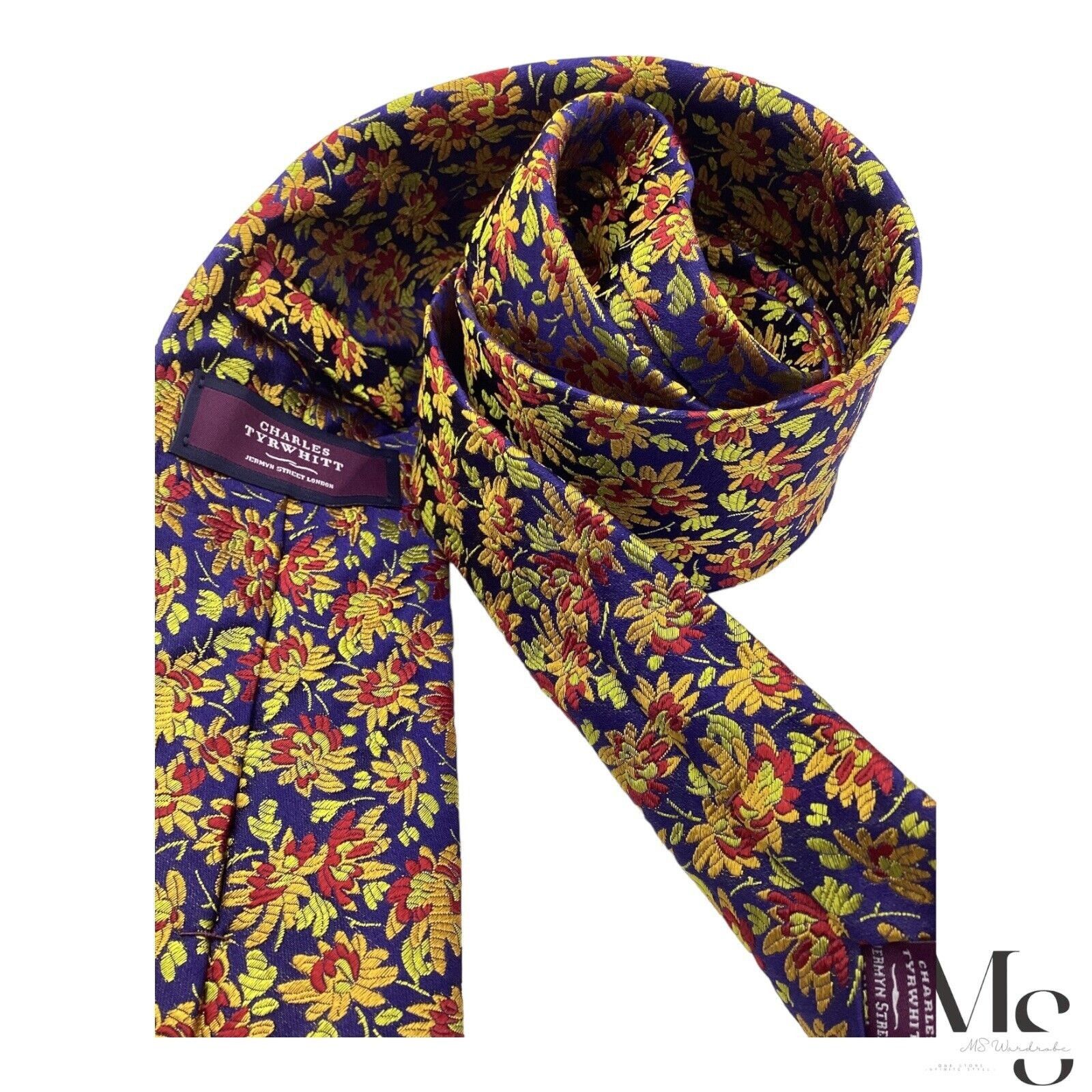 Charles Tyrwhitt CHARLES TYRWHITT Blue & Gold Floral Silk Tie Made In England Size ONE SIZE - 3 Thumbnail