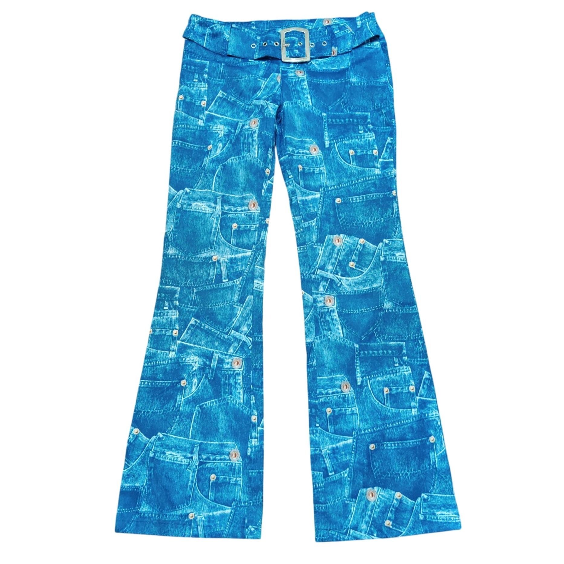Other Shein Womens Pants Blue Jean Print Ultra Low Rise Flare Half Size 26" / US 2 / IT 38 - 1 Thumbnail
