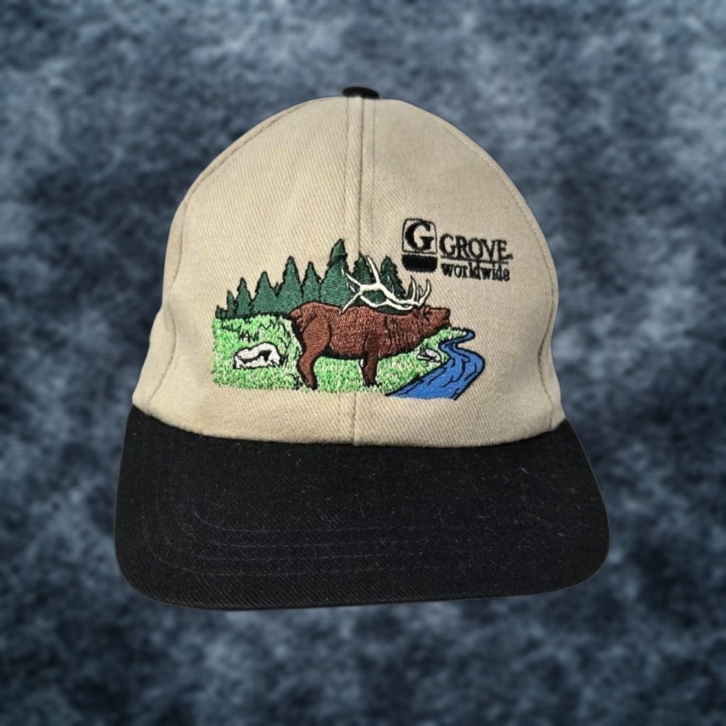 Vintage VINTAGE Grove Worldwide Hunting Hat Cap Tan/Black Canvas Strapback USA Embroidered Elk Outdoors Outdoors/Grove Worldwide Men Size ONE SIZE - 1 Thumbnail