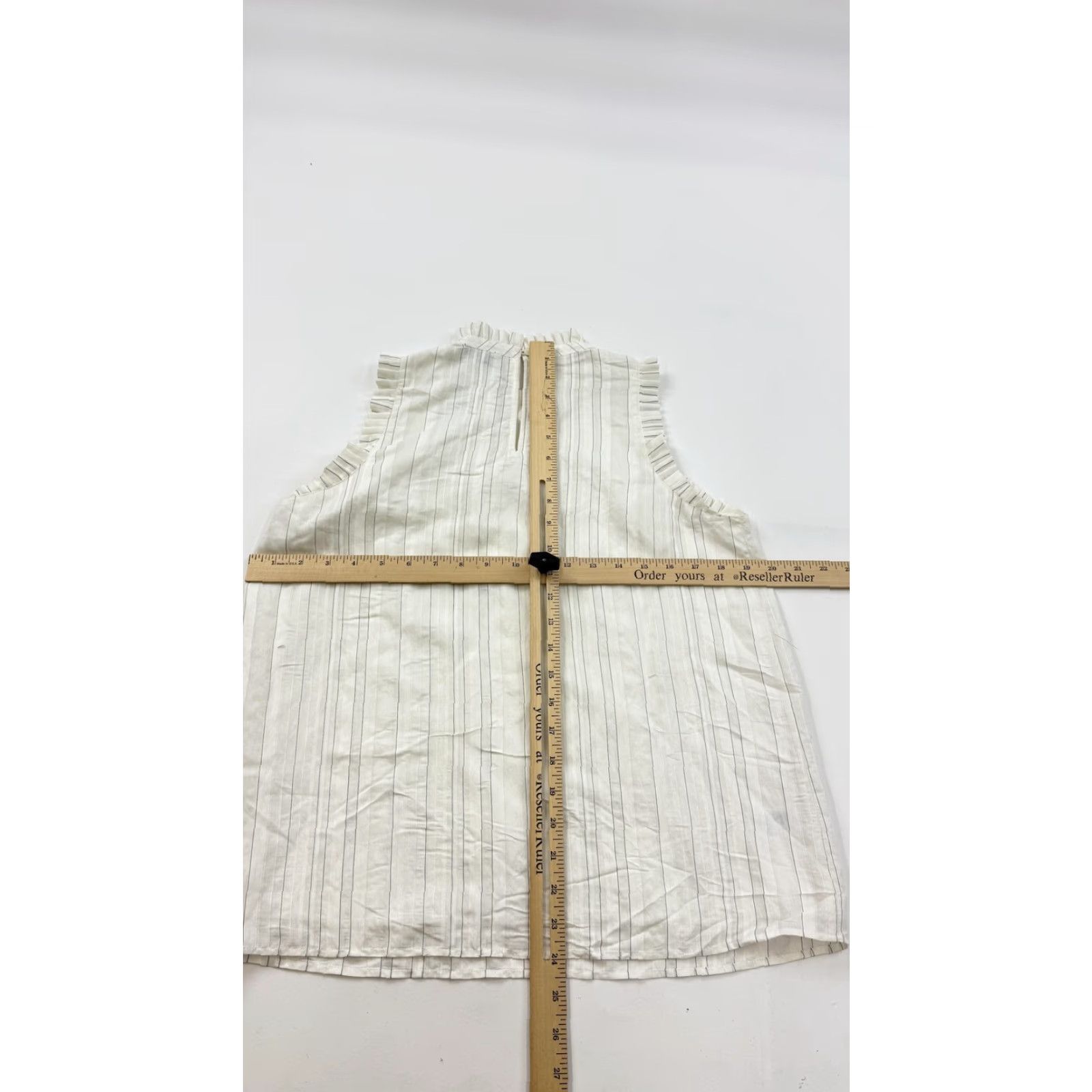 Ann Taylor Ann Taylor Blouse Womens Petite S White Striped Ruffle Mock Neck Sleeveless Size S / US 4 / IT 40 - 5 Thumbnail