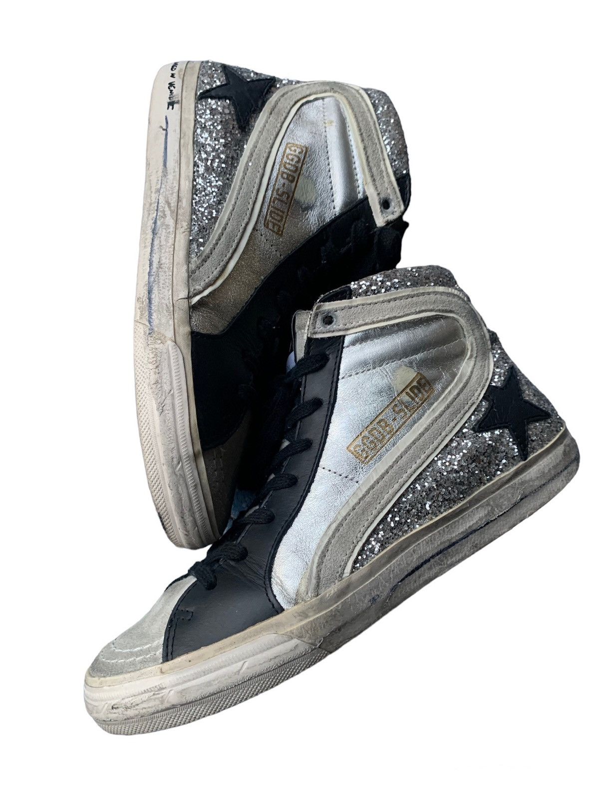 image of Ggdb Golden Goose Slide Glitter Sneakers in Black Silver, Women's (Size 6)