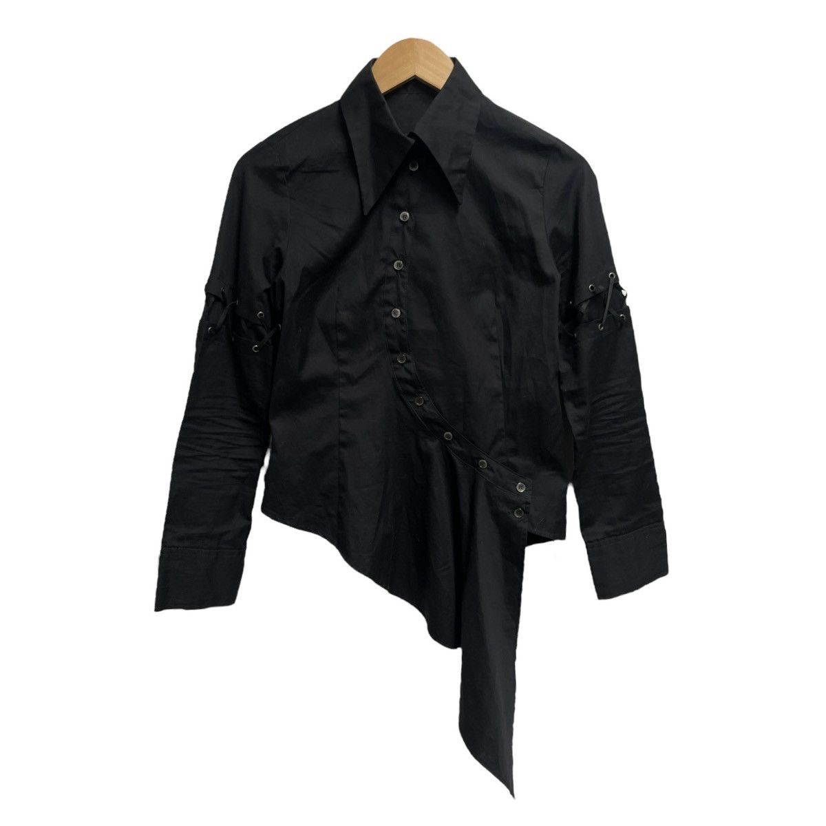 image of Designer Bpn Asymmetrical Lace Button Shirt in Black, Women's (Size Small)