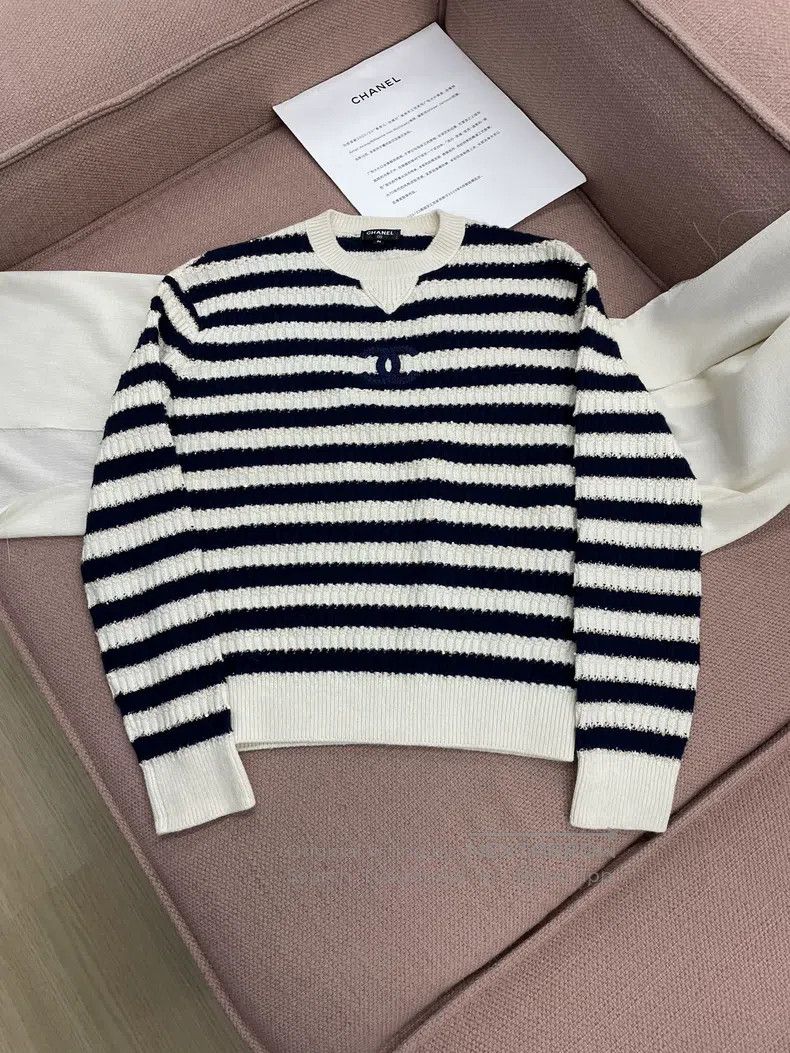 Chanel Chanel Blue and white sequin striped sweater long sleeves Size XS / US 0-2 / IT 36-38 - 1 Thumbnail