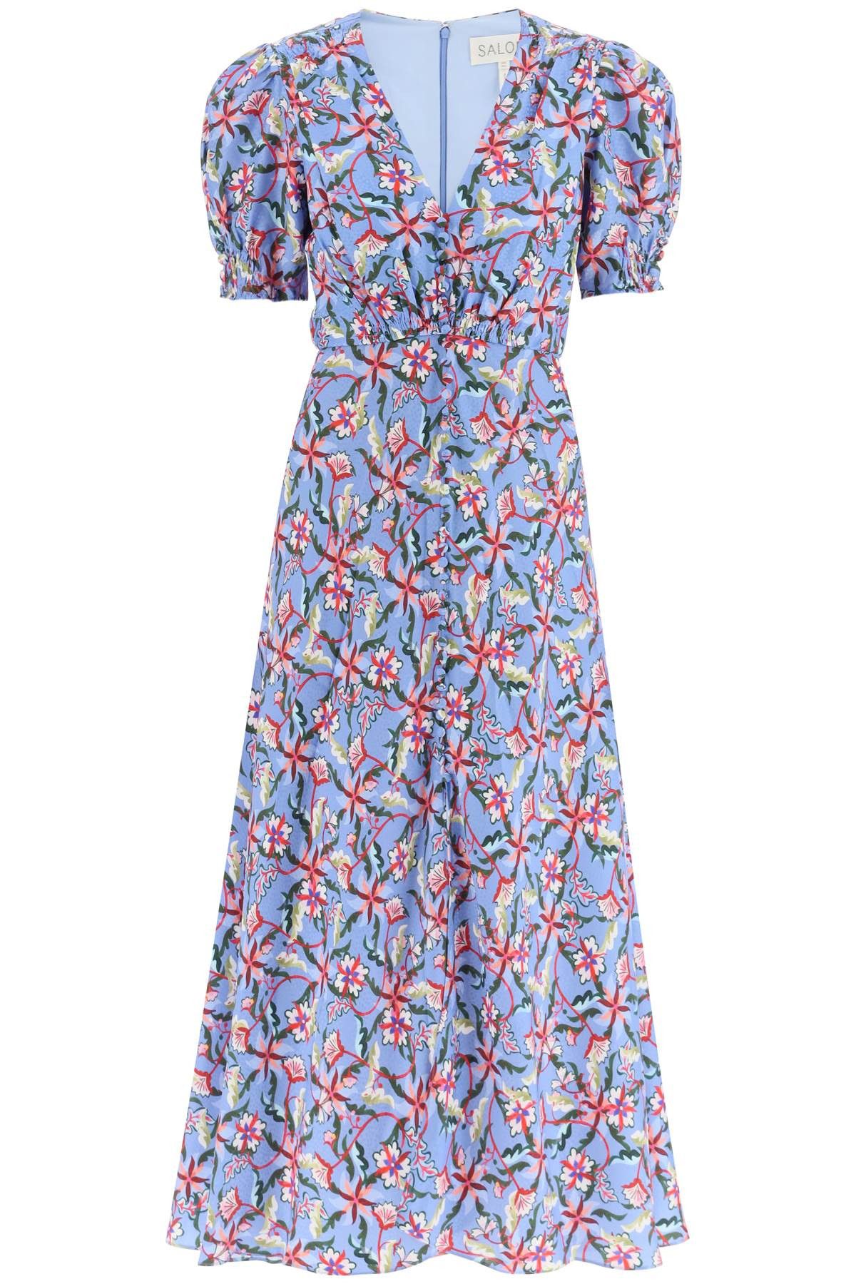 image of Saloni 'lea' Long Dress In Printed Silk in Celeste, Women's (Size XS)