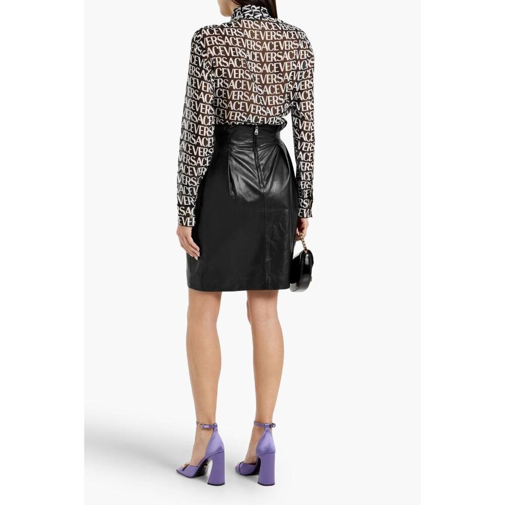 Versace Versace Wrap-effect Pleated Leather Mini Skirt Black IT 42 6 Size 28" / US 6 / IT 42 - 2 Thumbnail