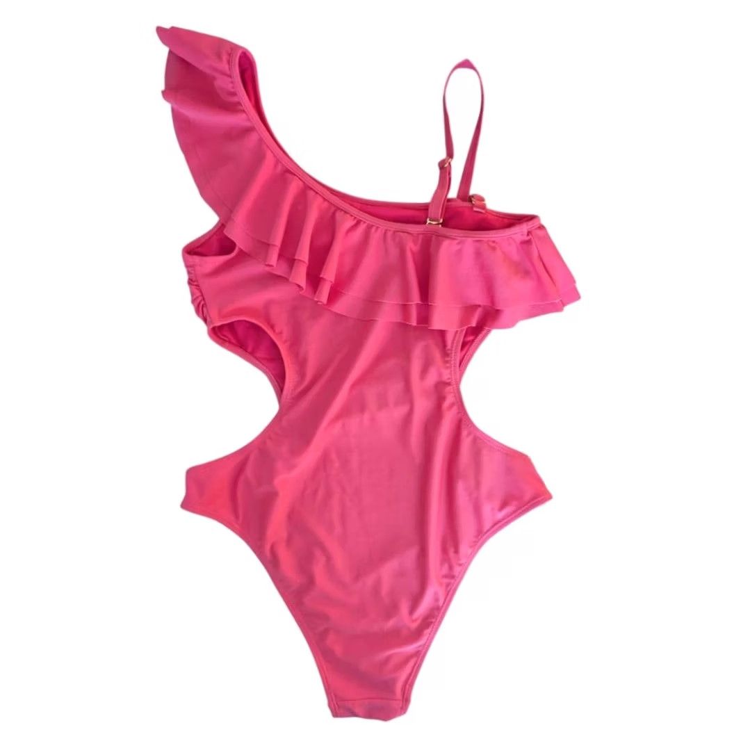 Pinko YMI One Piece Swimsuit Womens L Hot Pink One Shoulder Ruffle Cutout Spaghetti Strap Beachwear Resortwear Size ONE SIZE - 3 Thumbnail