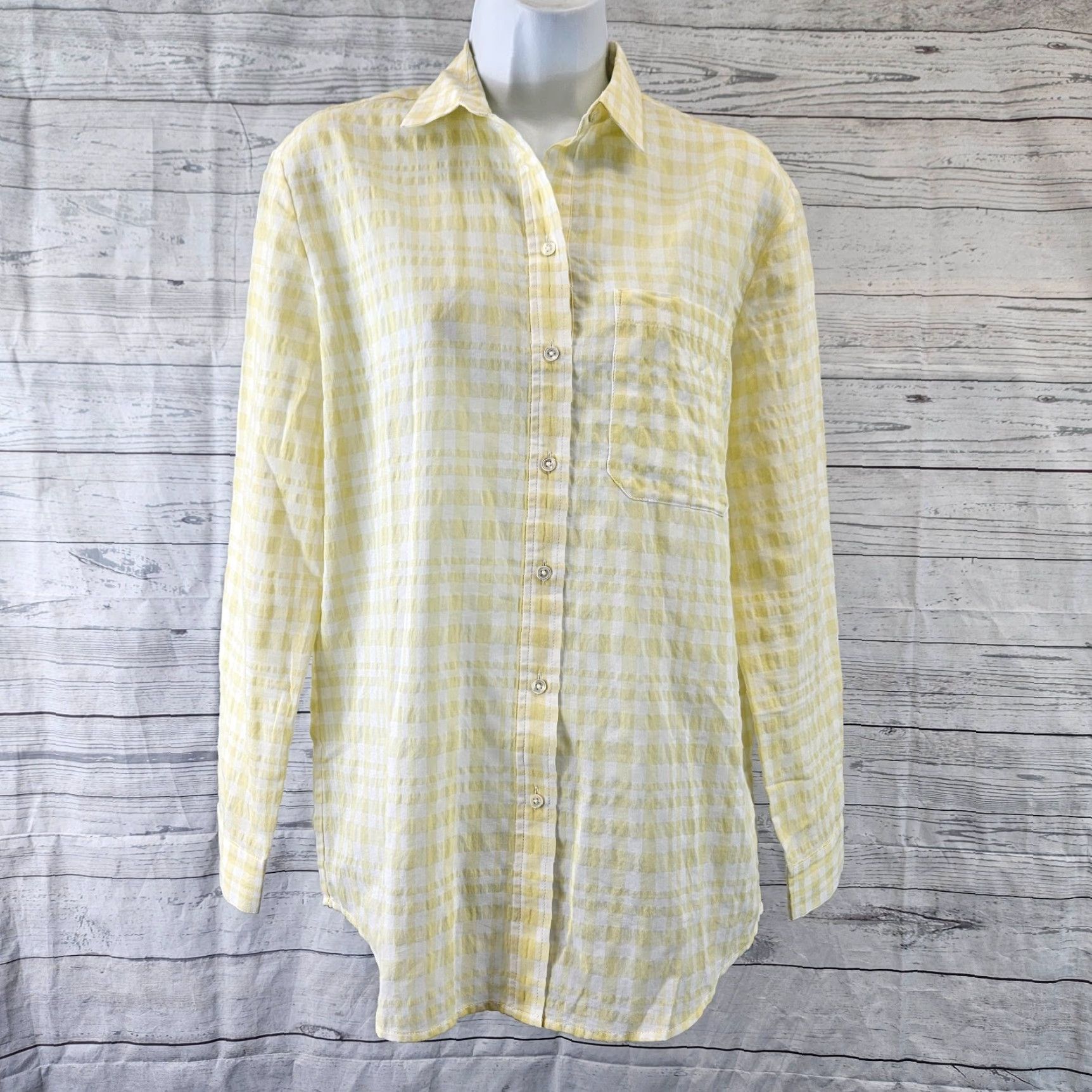 Vintage ATM Womens Plaid Boyfriend Shirt XS Yellow White - Button-Up, Long Sleeve, Cotton Polyester, Classic Basic Size XS Womens Size XS / US 0-2 / IT 36-38 - 2 Thumbnail