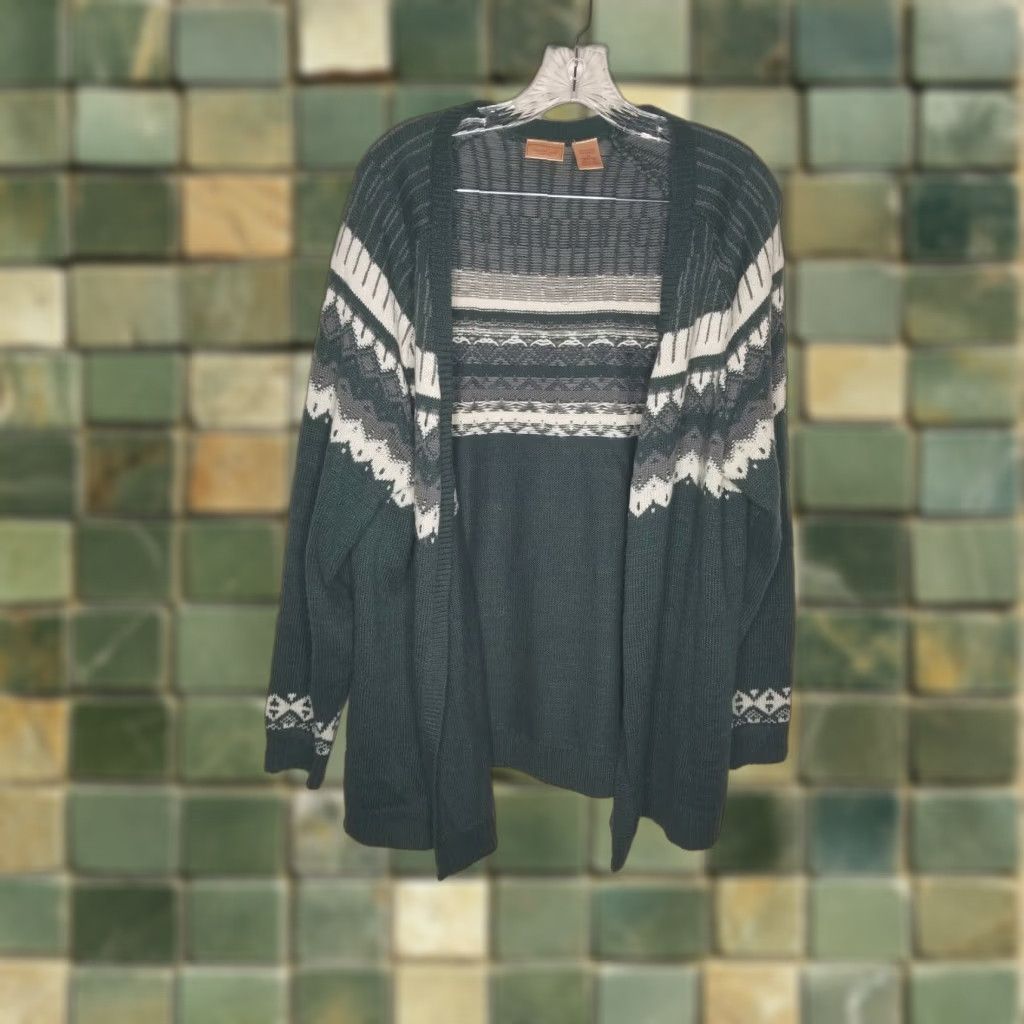 Vintage NORTHCREST Plus Long Sleeve Cardigan Sweater 1X Green White Womens Size XL / US 12-14 / IT 48-50 - 1 Thumbnail