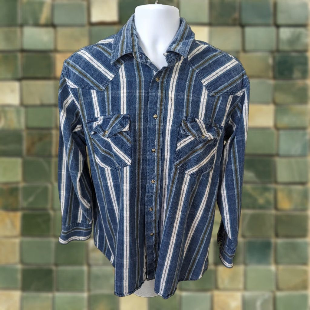 Vintage VINTAGE Western Pearl Snap Button Striped Denim Shirt Long Sleeve XL Mens Blue Button-Up Shirt Size US XL / EU 56 / 4 - 1 Thumbnail