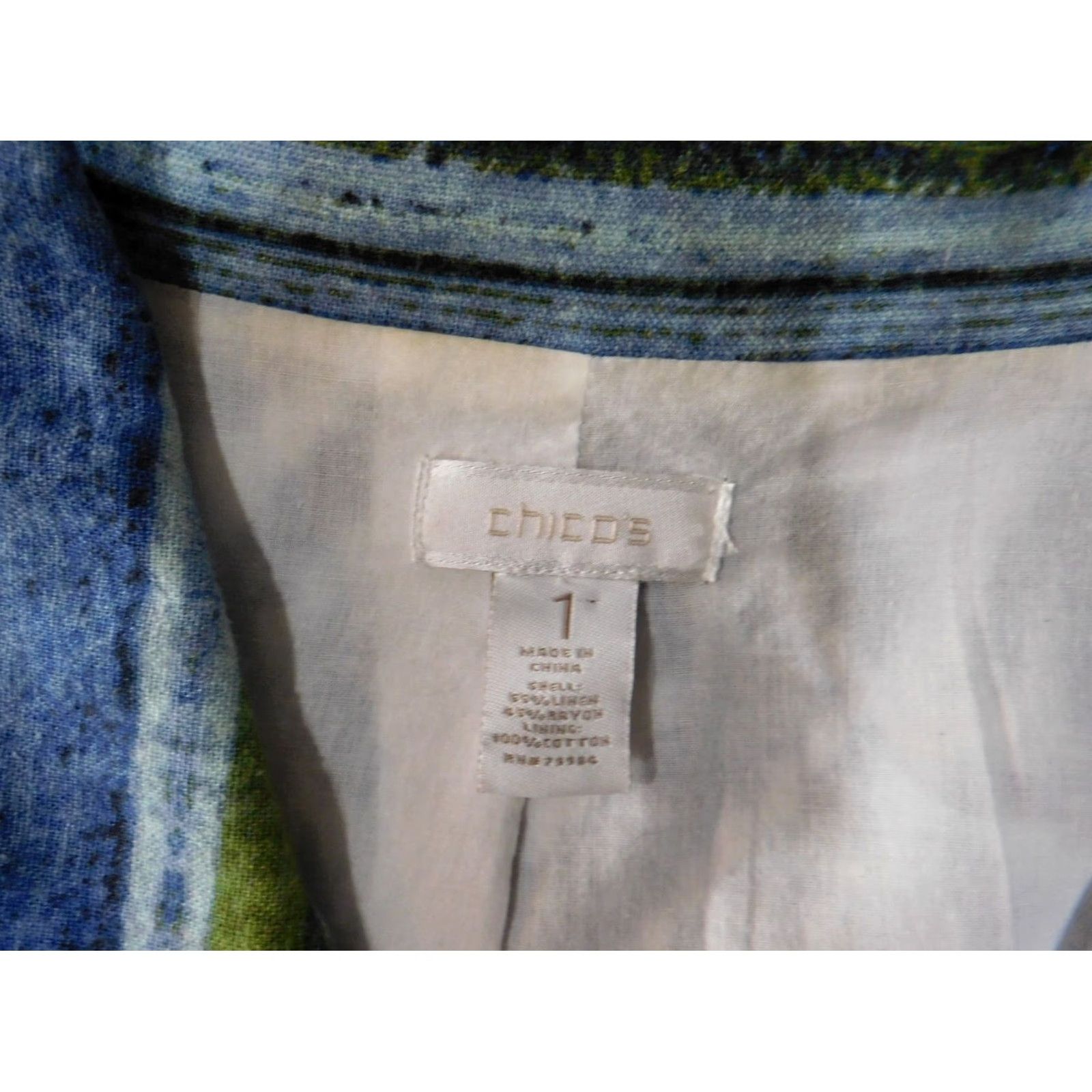 Vintage Chicos Blouse Shirt Womens Blue Geometric Linen Rayon Open Shawl Collar Casual Designer Top Size 1 Regular Vintage No Buttons Size XS / US 0-2 / IT 36-38 - 5 Thumbnail