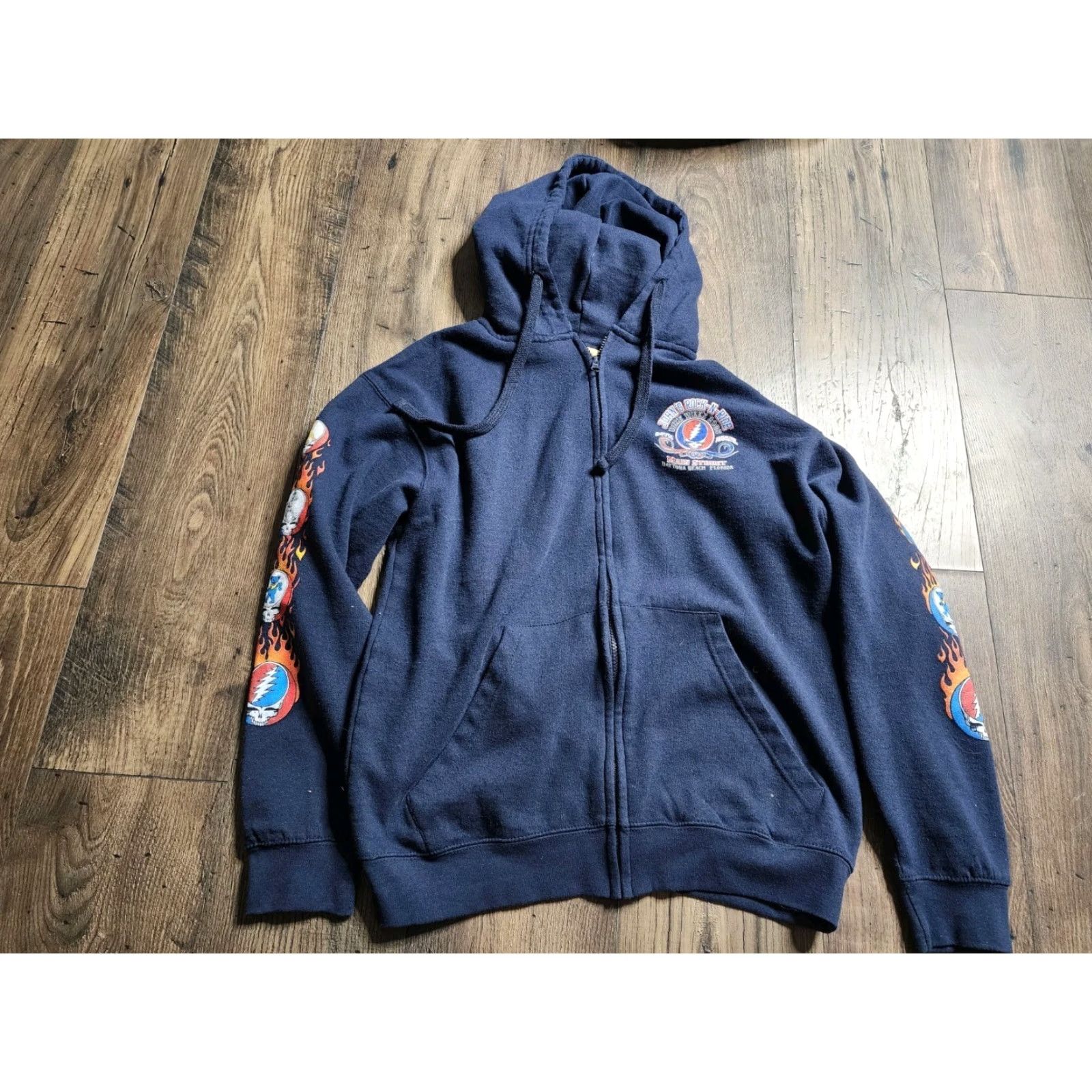 Vintage VINTAGE Vance Hoodie Men’s L Full Zip Blue Graphic Print Skull Roses Riding Daytona Bike Week Size US L / EU 52-54 / 3 - 6 Thumbnail