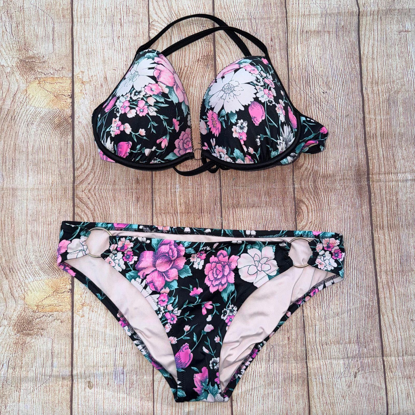Other Shade & Shore Floral Print Bikini Set with Black Straps Size ONE SIZE - 1 Thumbnail