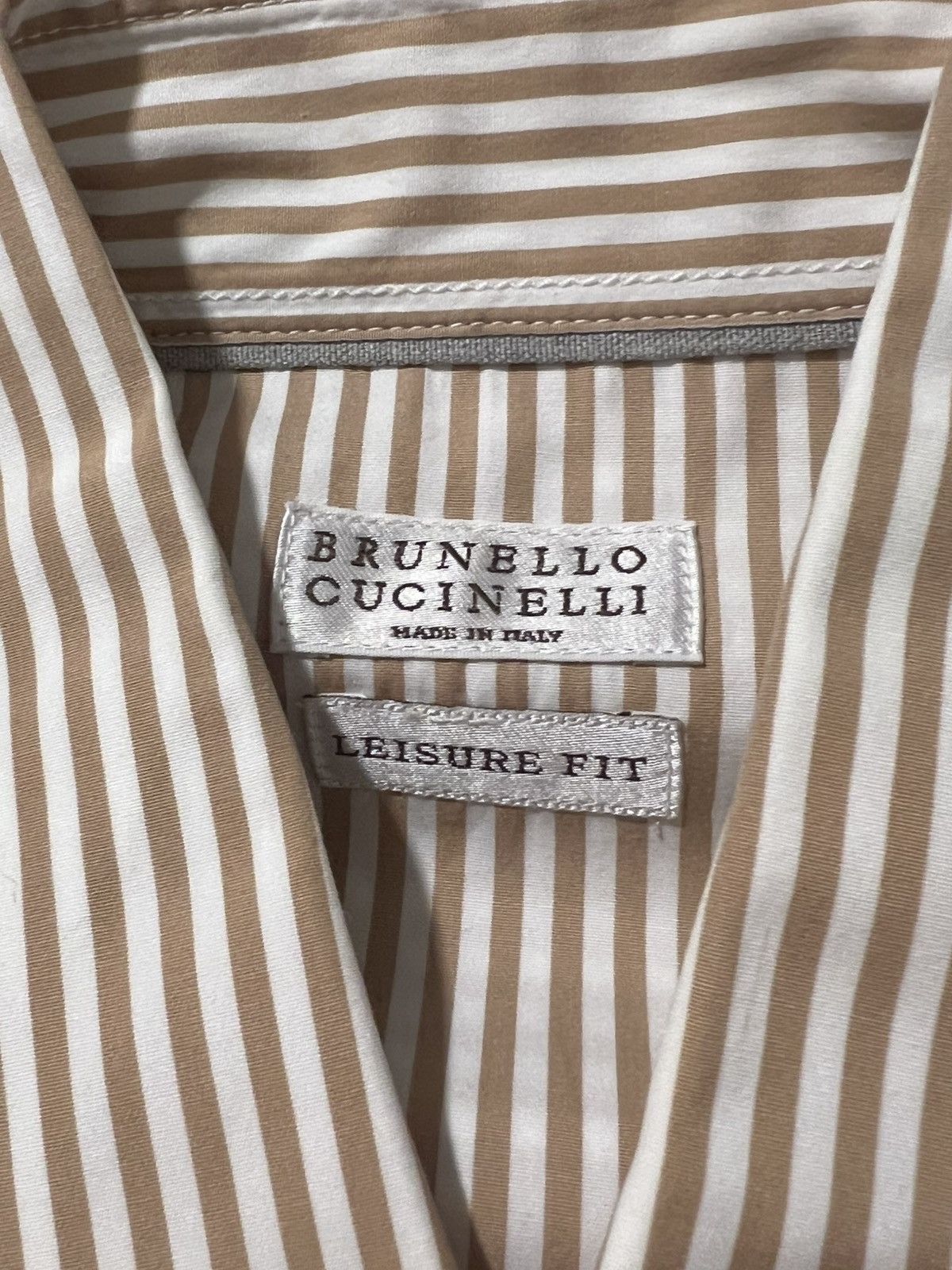 Brunello Cucinelli Brand New Leisure Fit Beige Stripe Shirt Size US M / EU 48-50 / 2 - 2 Thumbnail