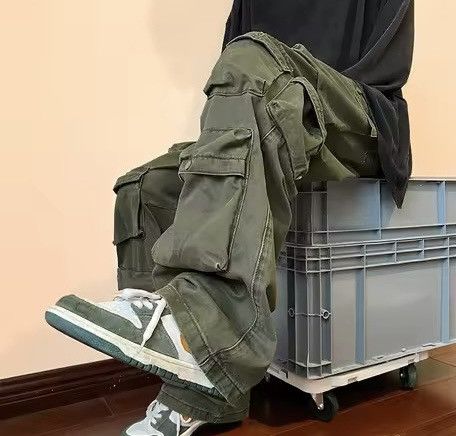Japanese Brand Olive Green Baggy Cargo Pants - Y2K Skate Streetwear Size US 31 - 5 Thumbnail