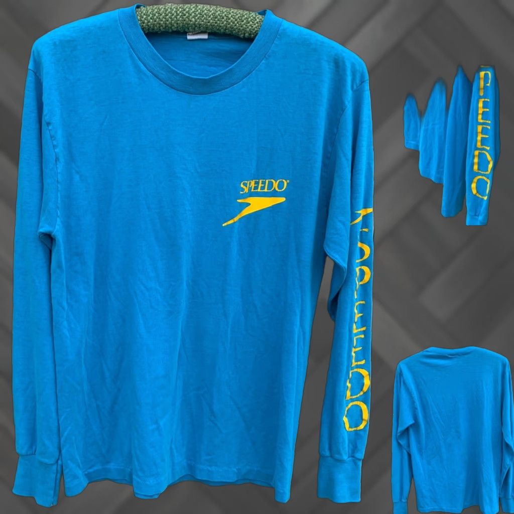 Speedo VINTAGE Speedo T-Shirt Logo Graphics On Chest And Sleeve Spellout L Unisex Shirt 1980s Blue Graphics Mens Womens Size US L / EU 52-54 / 3 - 1 Thumbnail