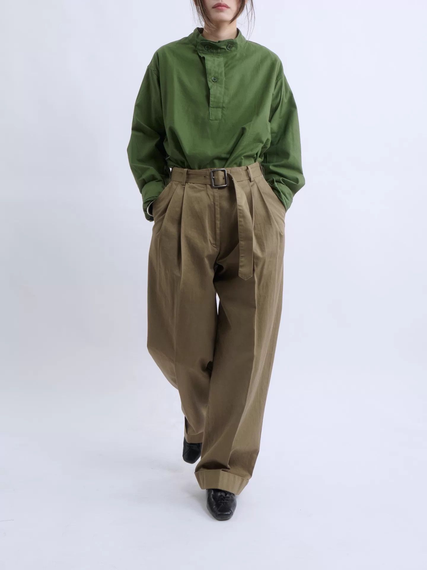 Dries Van Noten DVN 00s Morocco-made Khaki High-Waist Belted Wide-Leg Pants Size 24" / US 00 / IT 34 - 6 Thumbnail