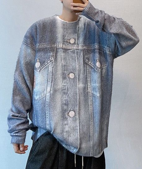 image of Vintage Outdoor Retro Fake Denim Jacket Print Sweater Knitwear in Grey, Men's (Size XL)