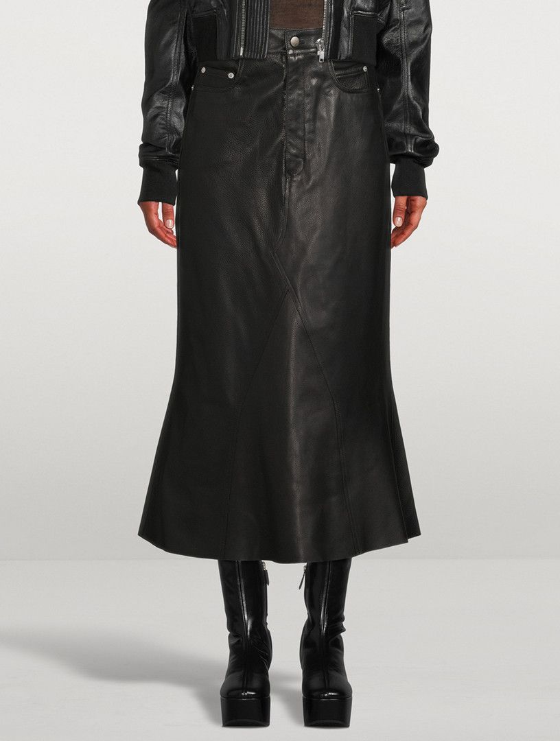 Rick Owens o1y0126 Leather Midi Skirt in Black Size 27" / US 4 / IT 40 - 2 Thumbnail