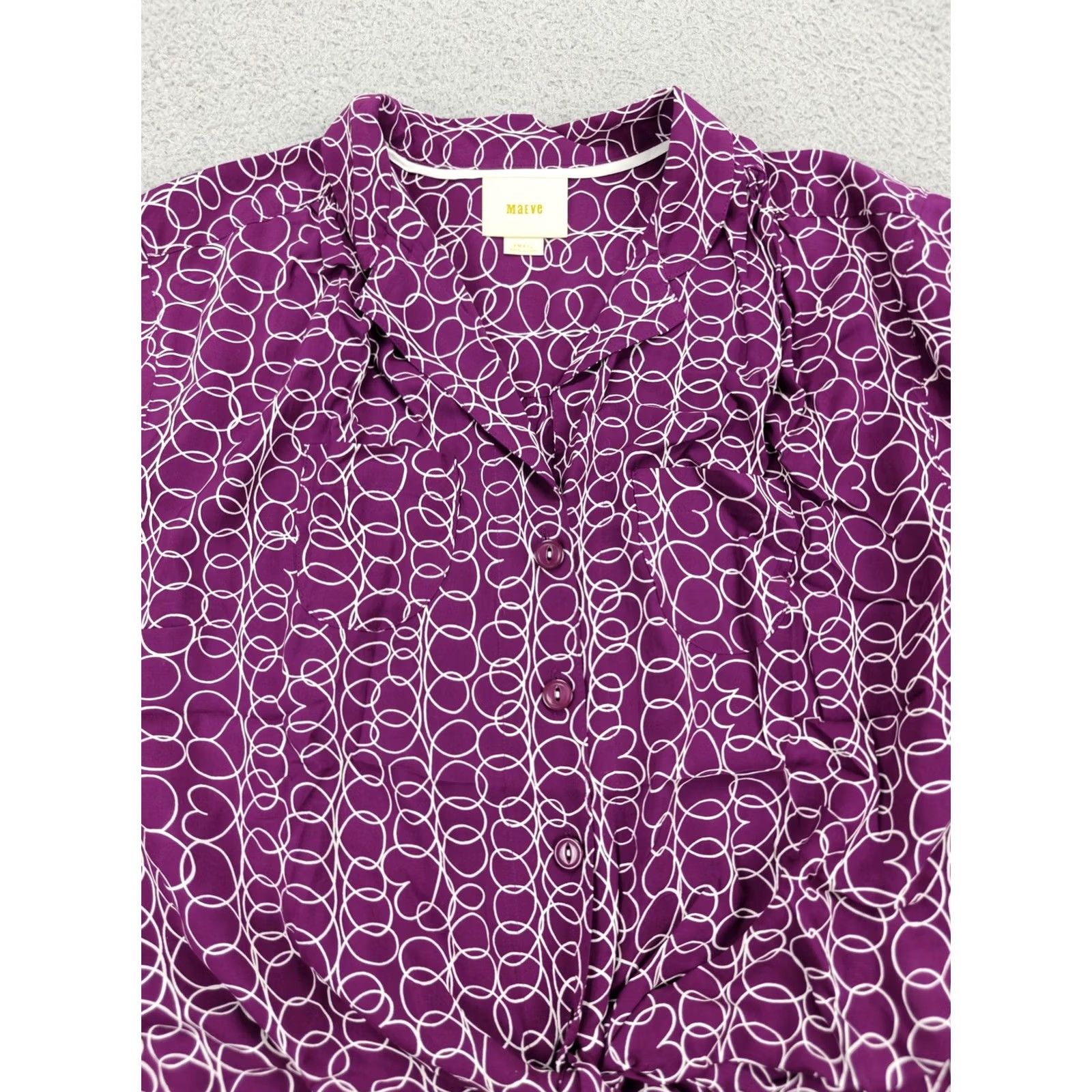 Vintage Maeve Shirt Womens Small Purple White Tie Front Blouse Button Up Abstract Print Size S / US 4 / IT 40 - 2 Thumbnail