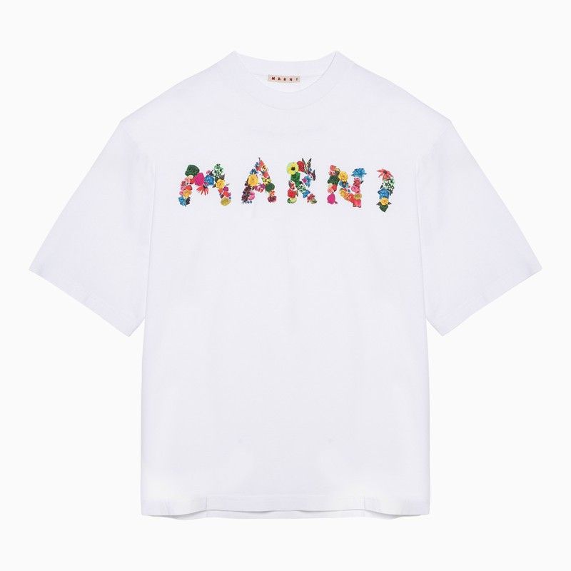 image of Marni White T-Shirt With Marni Logo Bouquet, Men's (Size Small)