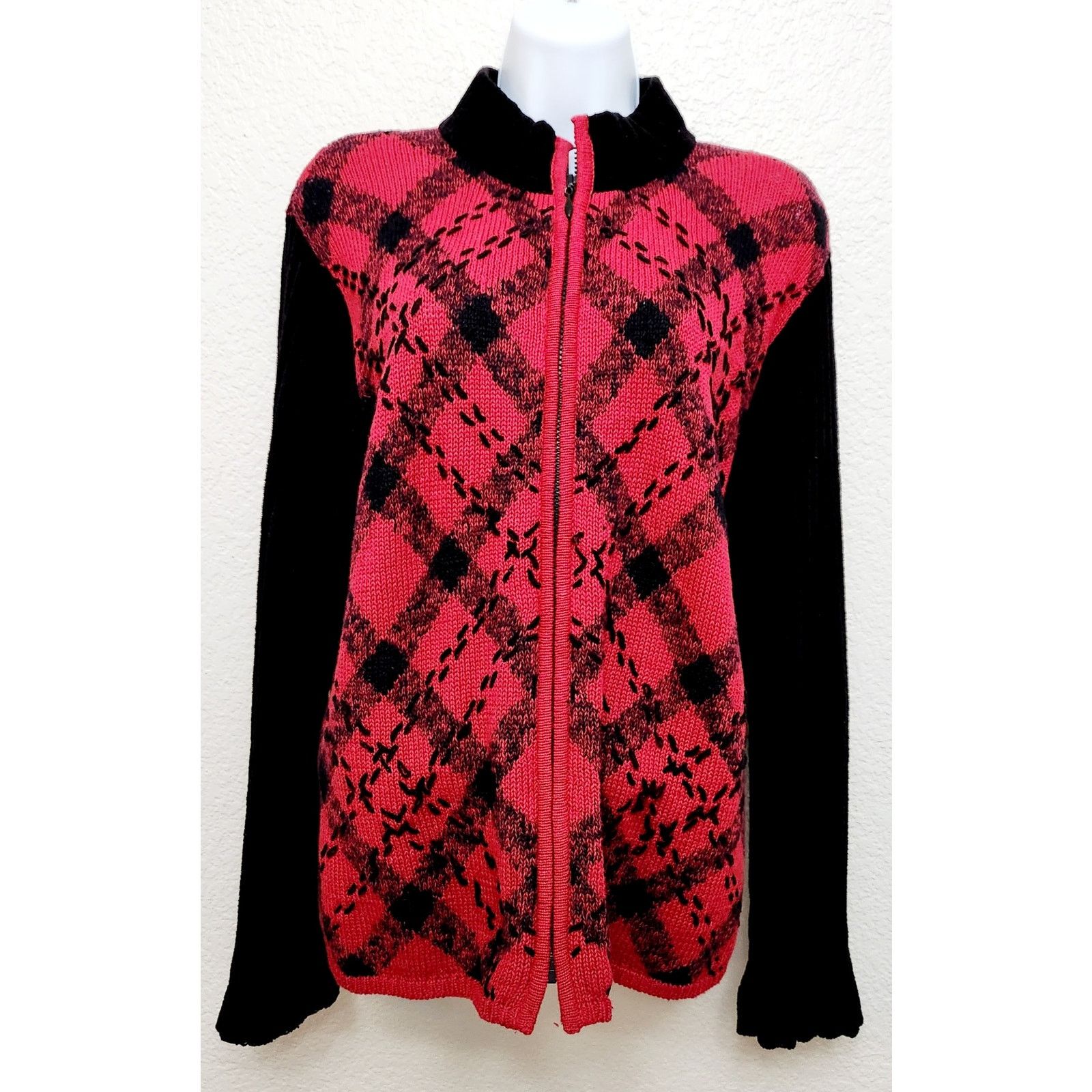 Coldwater Creek VTG Coldwater Creek Black Red Diamond Full Zip Cardigan L Size L / US 10 / IT 46 - 1 Thumbnail