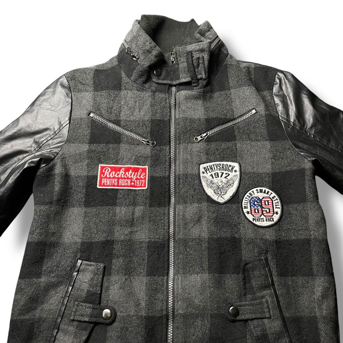 Hysteric Glamour PENTYS ROCK PATCHWORK CHECKERED WOOL + LEATHER BOMBER JACKET Size US M / EU 48-50 / 2 - 3 Thumbnail