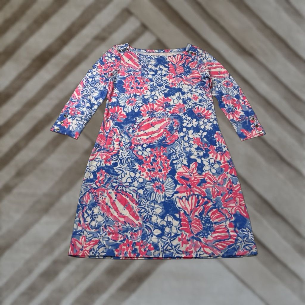 Lilly Pulitzer Lilly Pulitzer Sophie Shift Dress 3/4 Sleeve Women’s Small Bay Blue Pink White Knee Length Knit Button Zip Beach Preppy Summer Butterfly Pattern Size S / US 4 / IT 40 - 1 Thumbnail