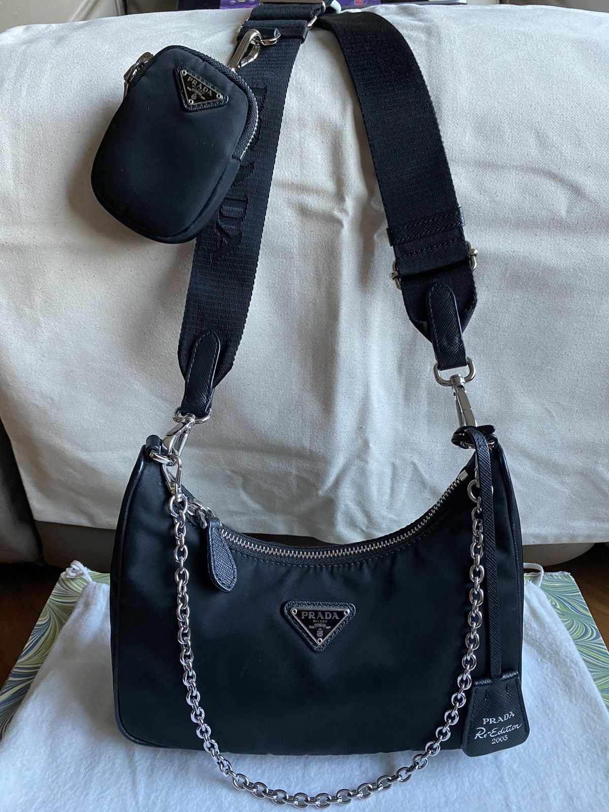 image of Prada Black Re-Edition 2005 Nylon Hobo Bag, Women's