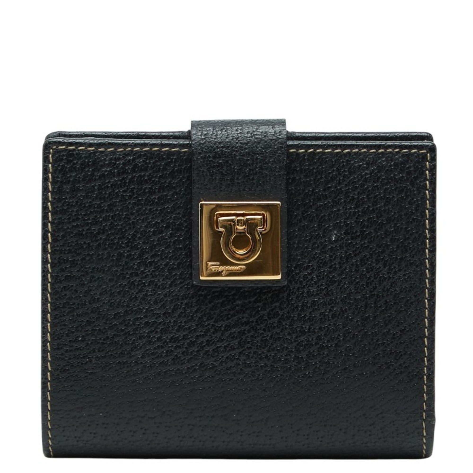 Salvatore Ferragamo Salvatore Ferragamo Gancini Bifold Wallet in Black Leather with Gold Hardware, Women's Size ONE SIZE - 1 Thumbnail