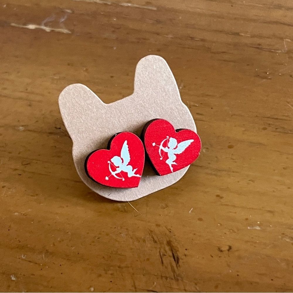 Human Made Handmade Cupid Red Love Heart Stud Wood Earrings Red White Size ONE SIZE - 1 Thumbnail