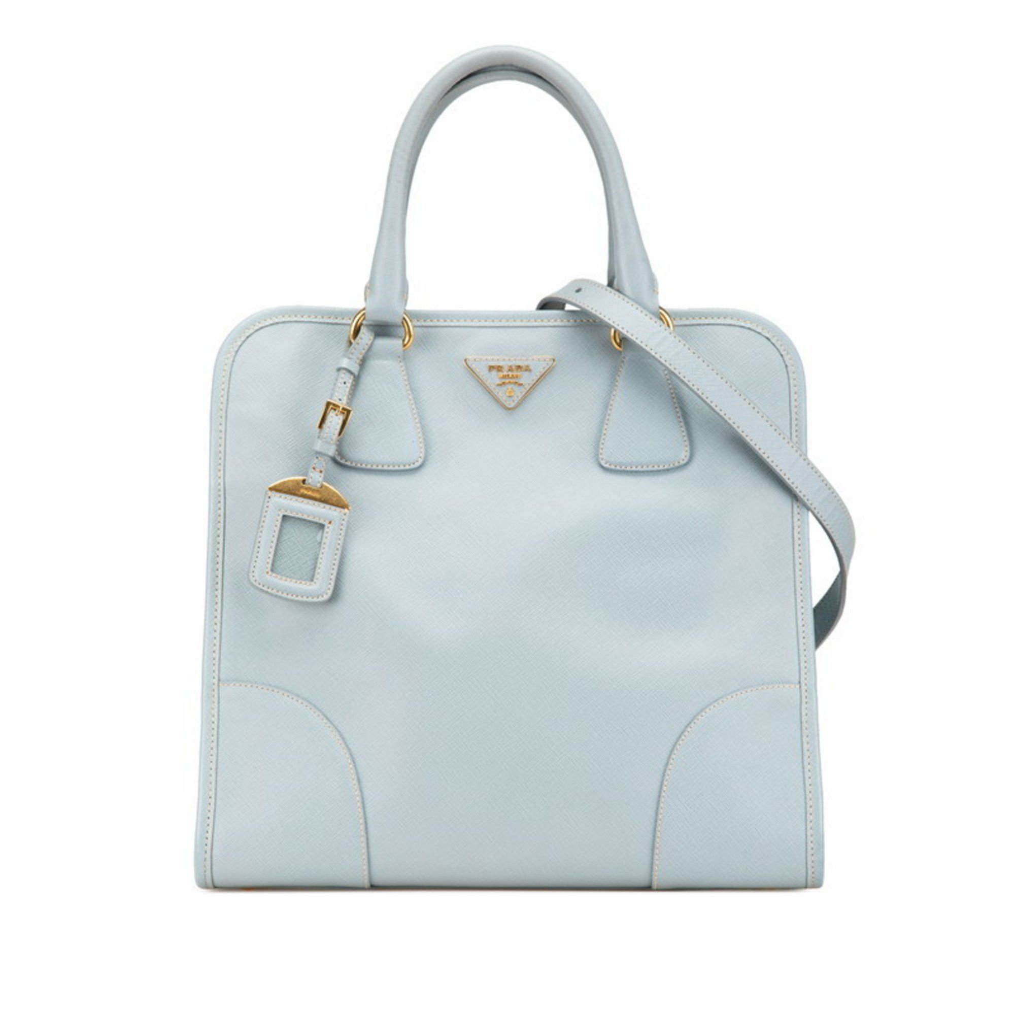 Prada Triangle Plate Saffiano Handbag Shoulder Bag Light Blue Leather Women's Prada